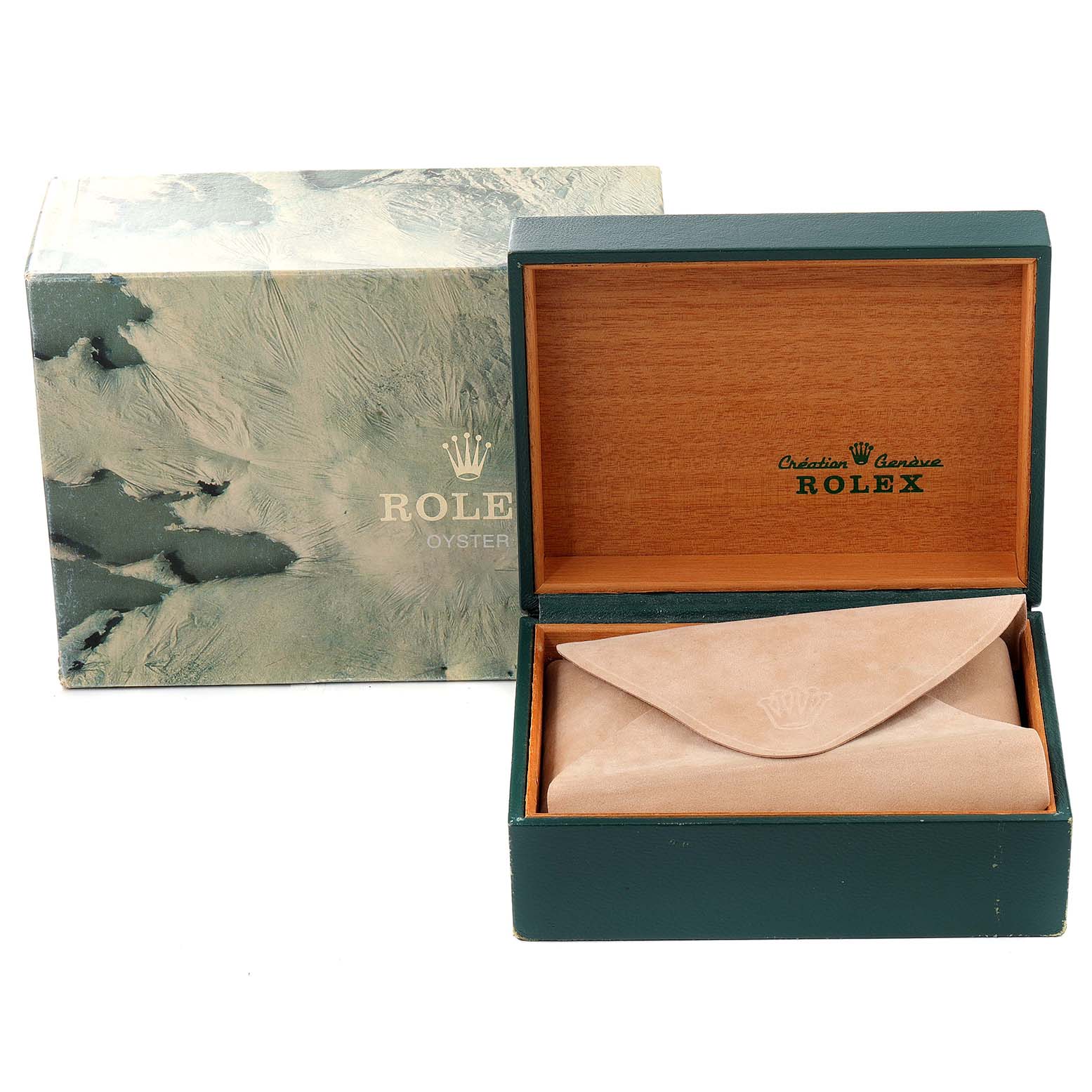 The image shows a Rolex Vintage Collection 16013 Men's Steel and Gold (two tone) Champagne Dial 16013 Men's Steel and Gold (two tone) Champagne Dial watch box, with an outer box, inner box, and a suede-like pouch.