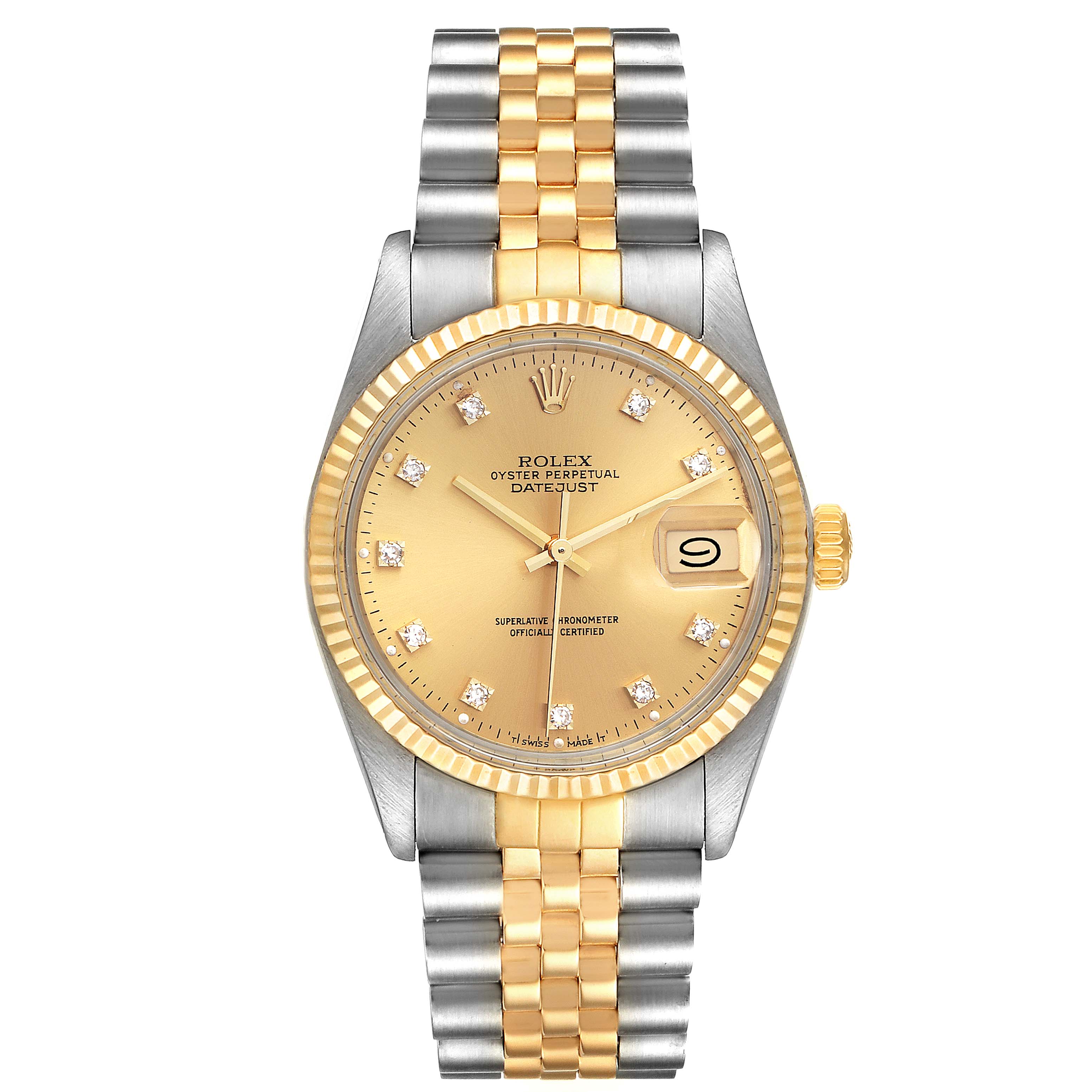 This is a front view of a Rolex Vintage Collection 16013 Men's Steel and Gold (two tone) Champagne Dial 16013 Men's Steel and Gold (two tone) Champagne Dial Datejust watch, showcasing the face, bezel, bracelet, and crown.