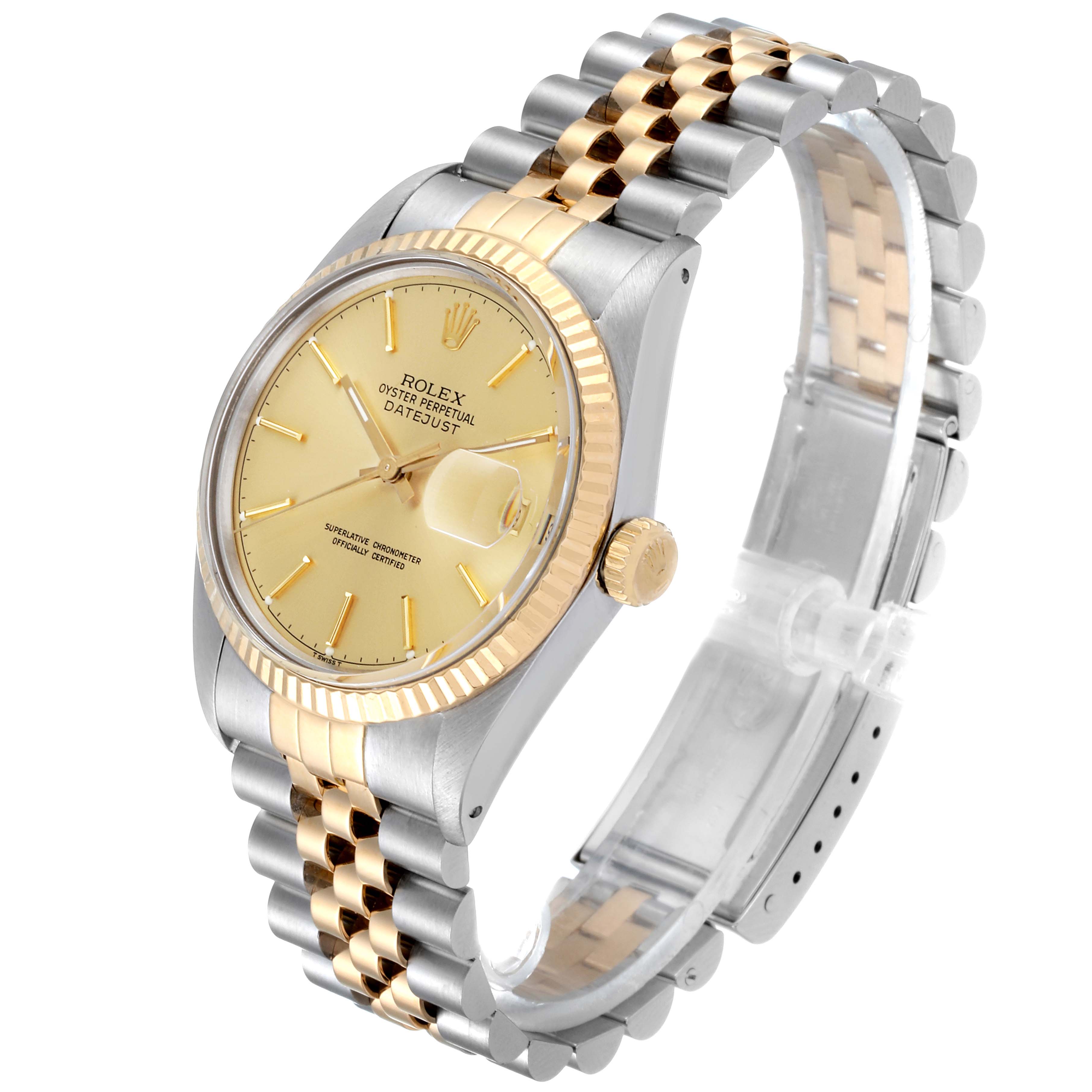 The image shows a Rolex Datejust 16013 Men's Steel and Gold (two tone) Champagne Dial 16013 Men's Steel and Gold (two tone) Champagne Dial watch at an angled side-front view, highlighting the face, bezel, crown, and band.