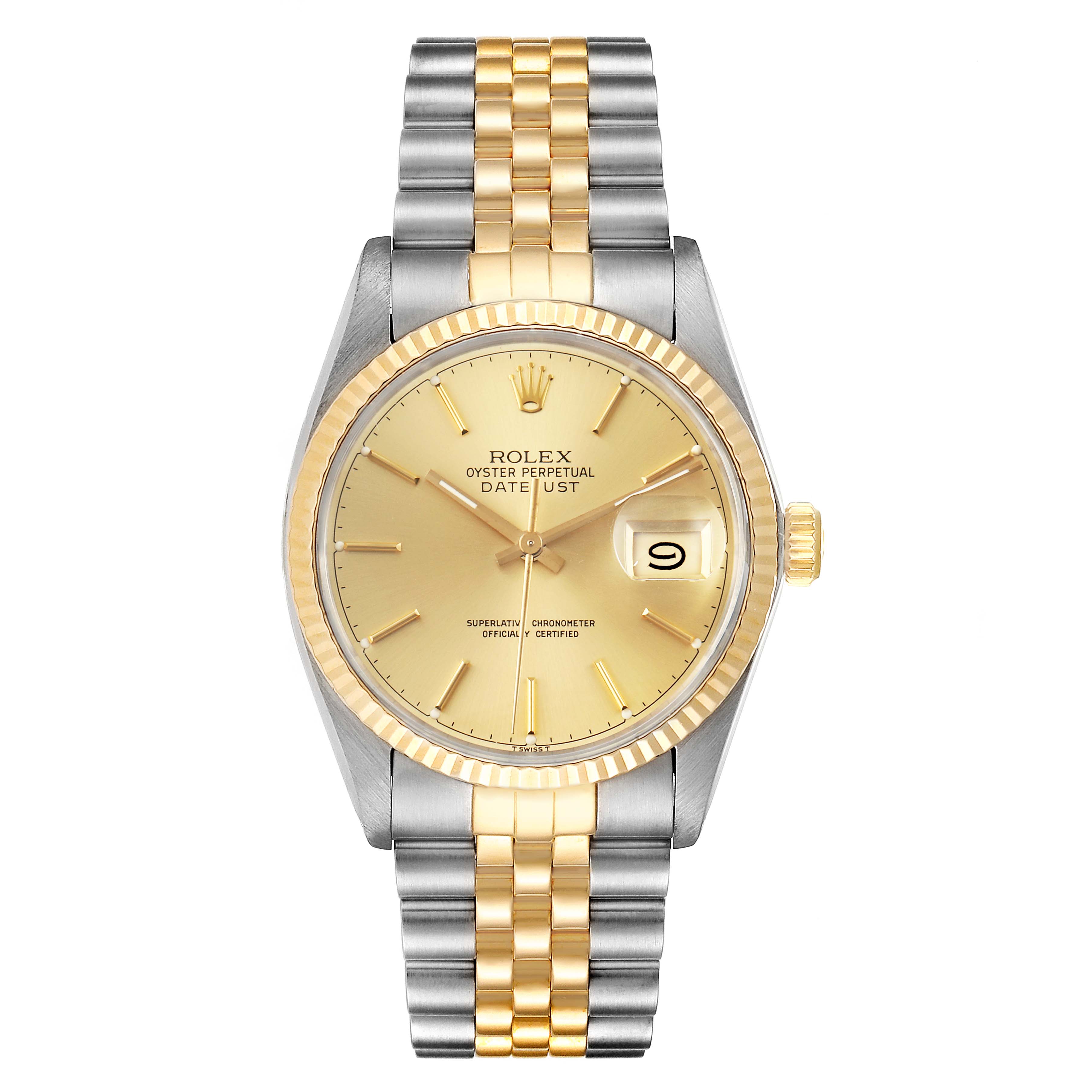 This image shows a front view of a Rolex Datejust 16013 Men's Steel and Gold (two tone) Champagne Dial 16013 Men's Steel and Gold (two tone) Champagne Dial watch, highlighting its gold and silver bracelet and gold dial.