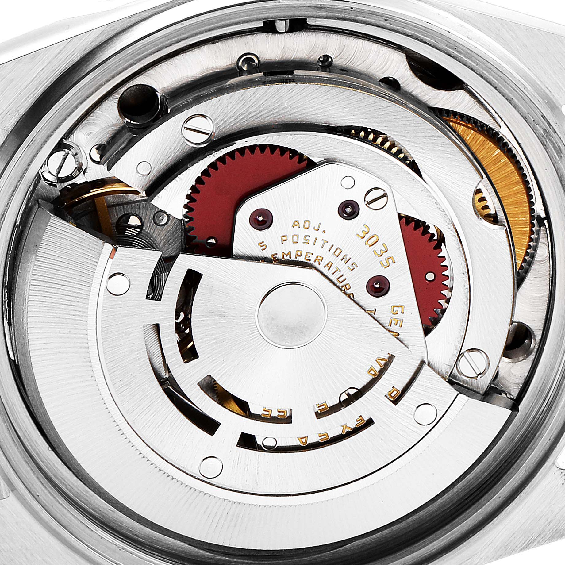 This image shows the internal mechanical movement of a Rolex Datejust 16013 Men's Steel and Gold (two tone) Champagne Dial 16013 Men's Steel and Gold (two tone) Champagne Dial model watch from a top-down angle.