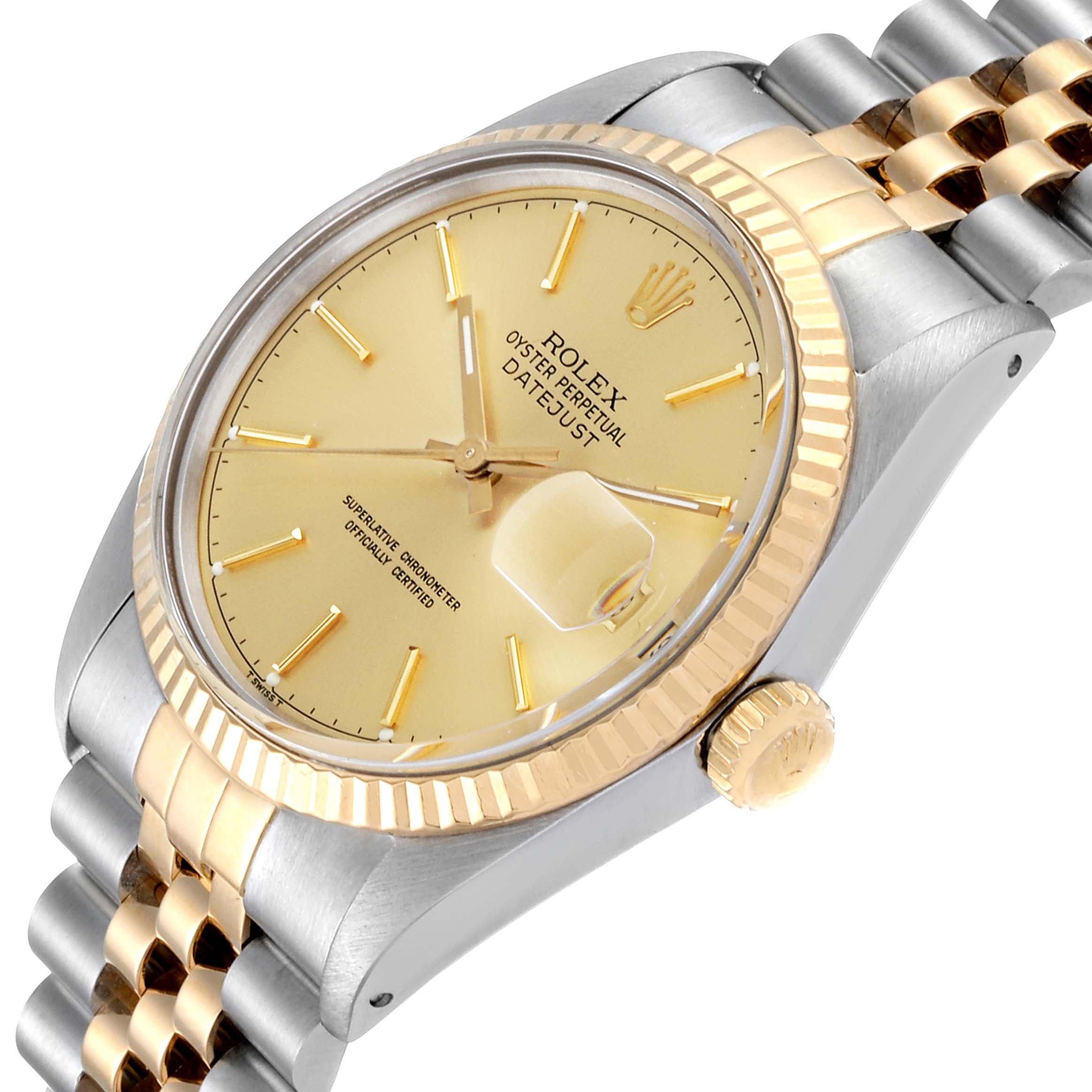 The watch is a Rolex Datejust 16013 Men's Steel and Gold (two tone) Champagne Dial 16013 Men's Steel and Gold (two tone) Champagne Dial, shown at an oblique angle, displaying the face, bezel, crown, and a portion of the bracelet.