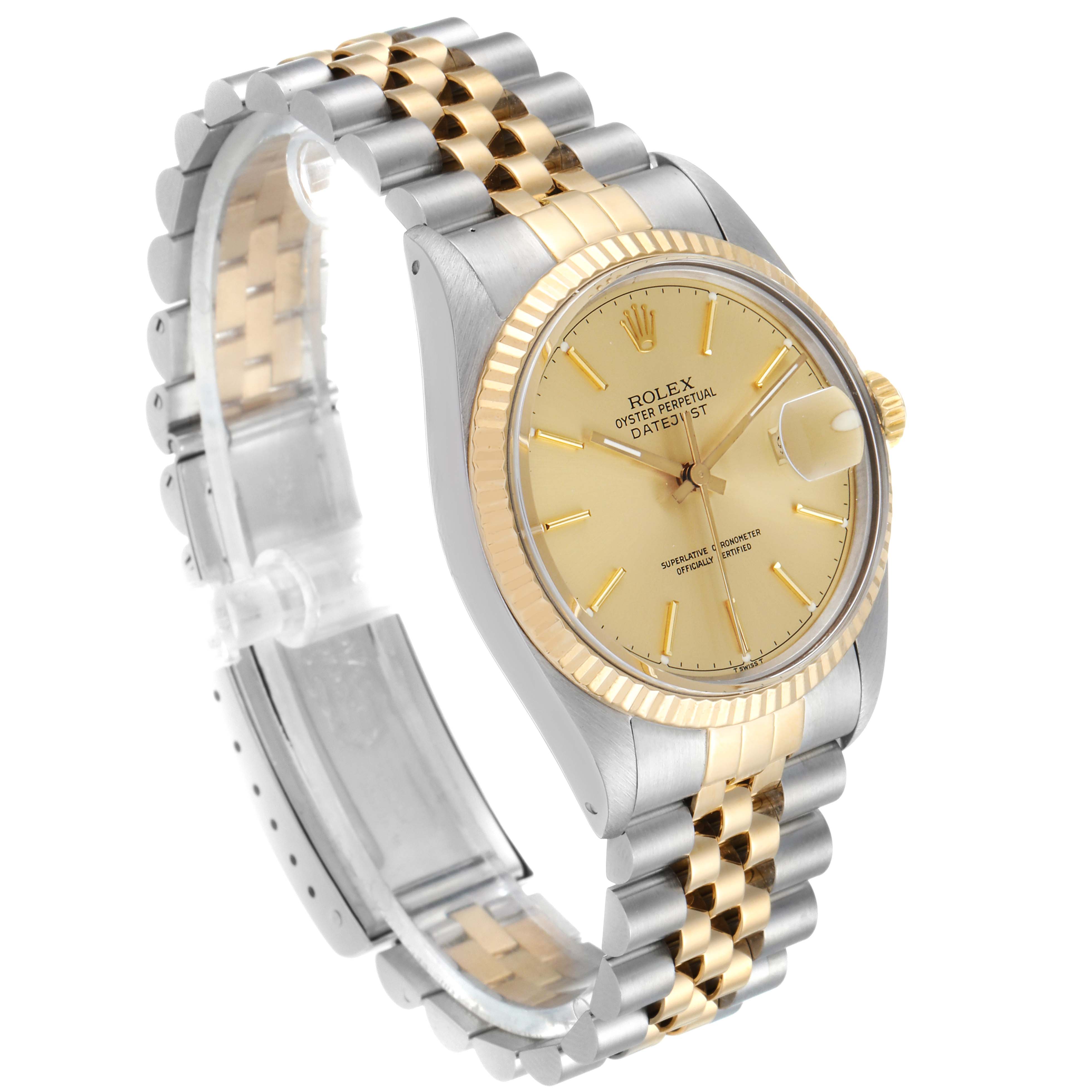 The Rolex Datejust 16013 Men's Steel and Gold (two tone) Champagne Dial 16013 Men's Steel and Gold (two tone) Champagne Dial watch is shown at an angle displaying the face, bezel, and bracelet with a two-tone design.
