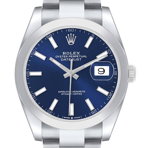 Photo of Rolex Datejust 41 Blue Dial Smooth Bezel Steel Mens Watch 126300 Box Card