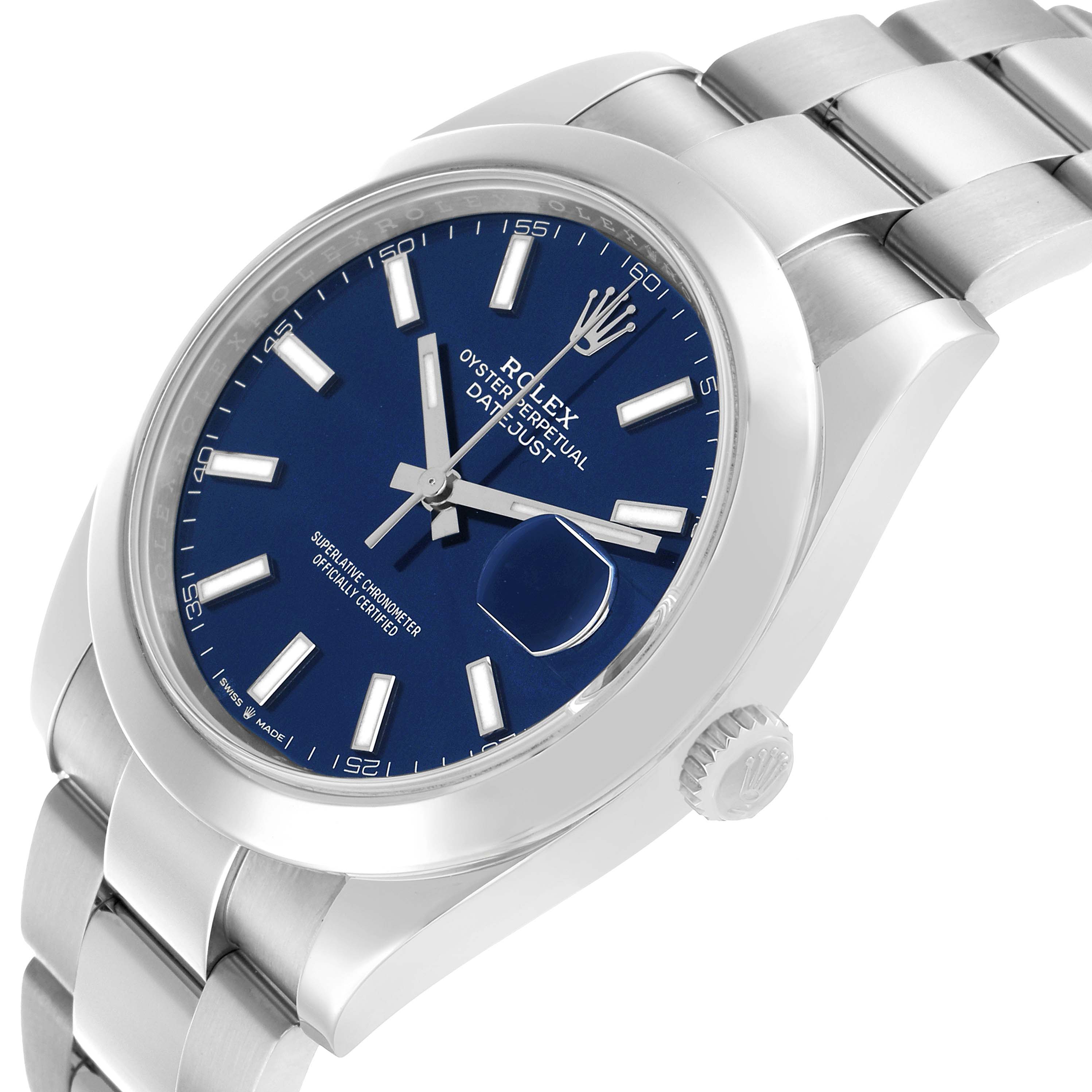 The Rolex Datejust 41 126300 Men's Stainless Steel Blue Dial is shown in a three-quarter angled view, highlighting the blue dial, hour markers, bezel, case, and bracelet.