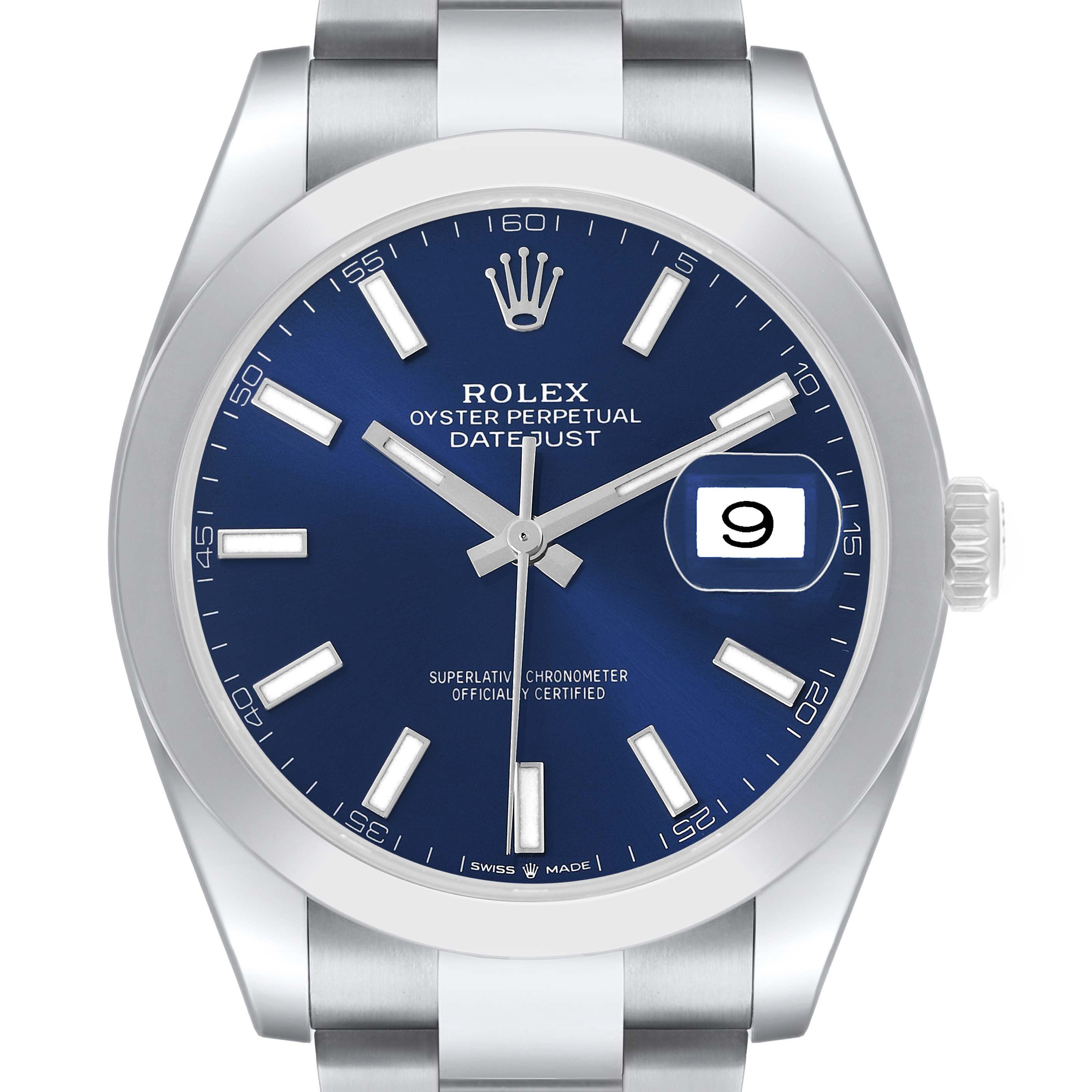 The Rolex Datejust 41 126300 Men's Stainless Steel Blue Dial is shown from a front angle, displaying the dial, hour markers, date window, and part of the bracelet.