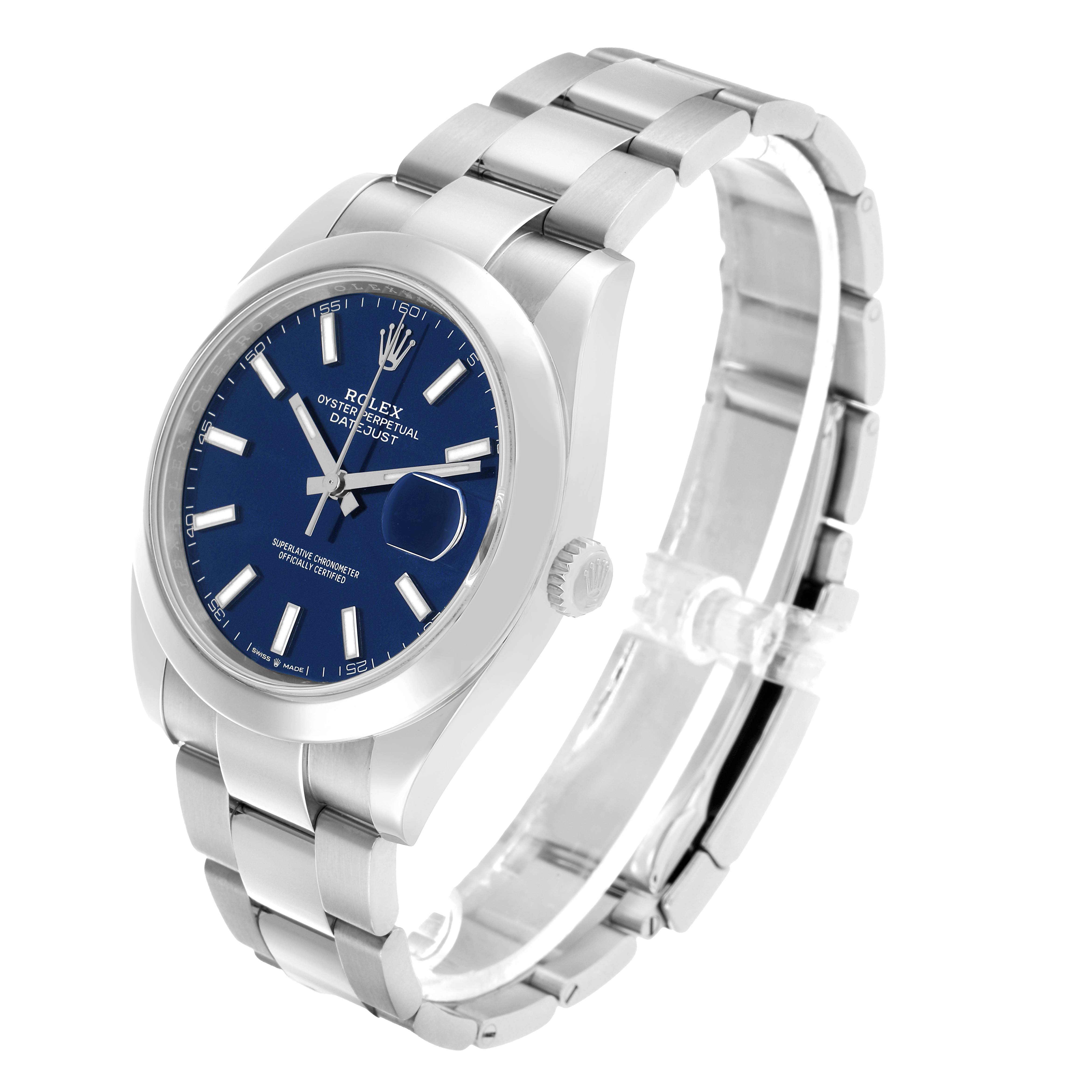 The Rolex Datejust 41 126300 Men's Stainless Steel Blue Dial watch is shown at an angled view, highlighting its blue dial, bracelet, and crown.