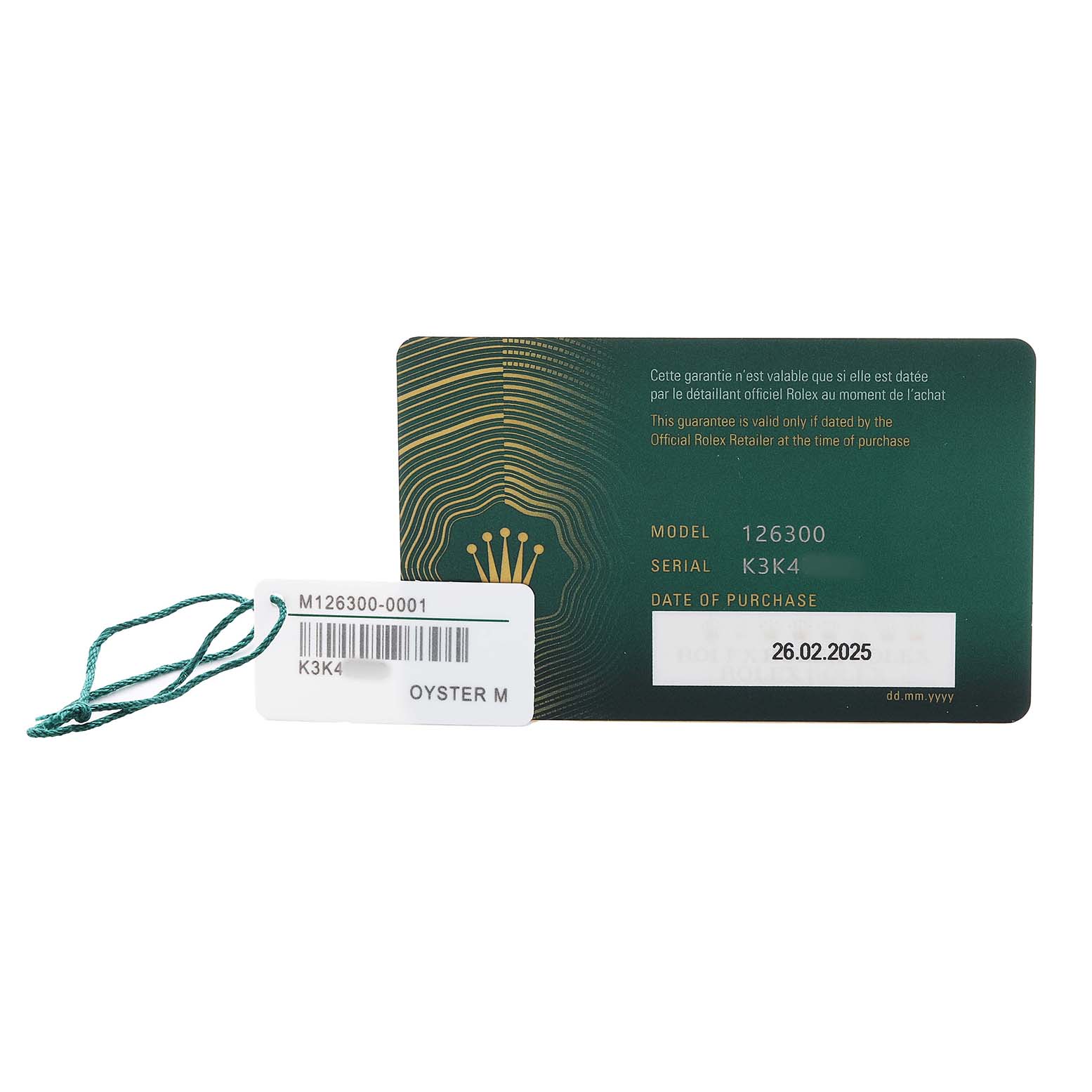 The image shows the warranty card and hang tag for the Rolex Datejust 41 126300 Men's Stainless Steel Blue Dial model, displaying model and serial information.