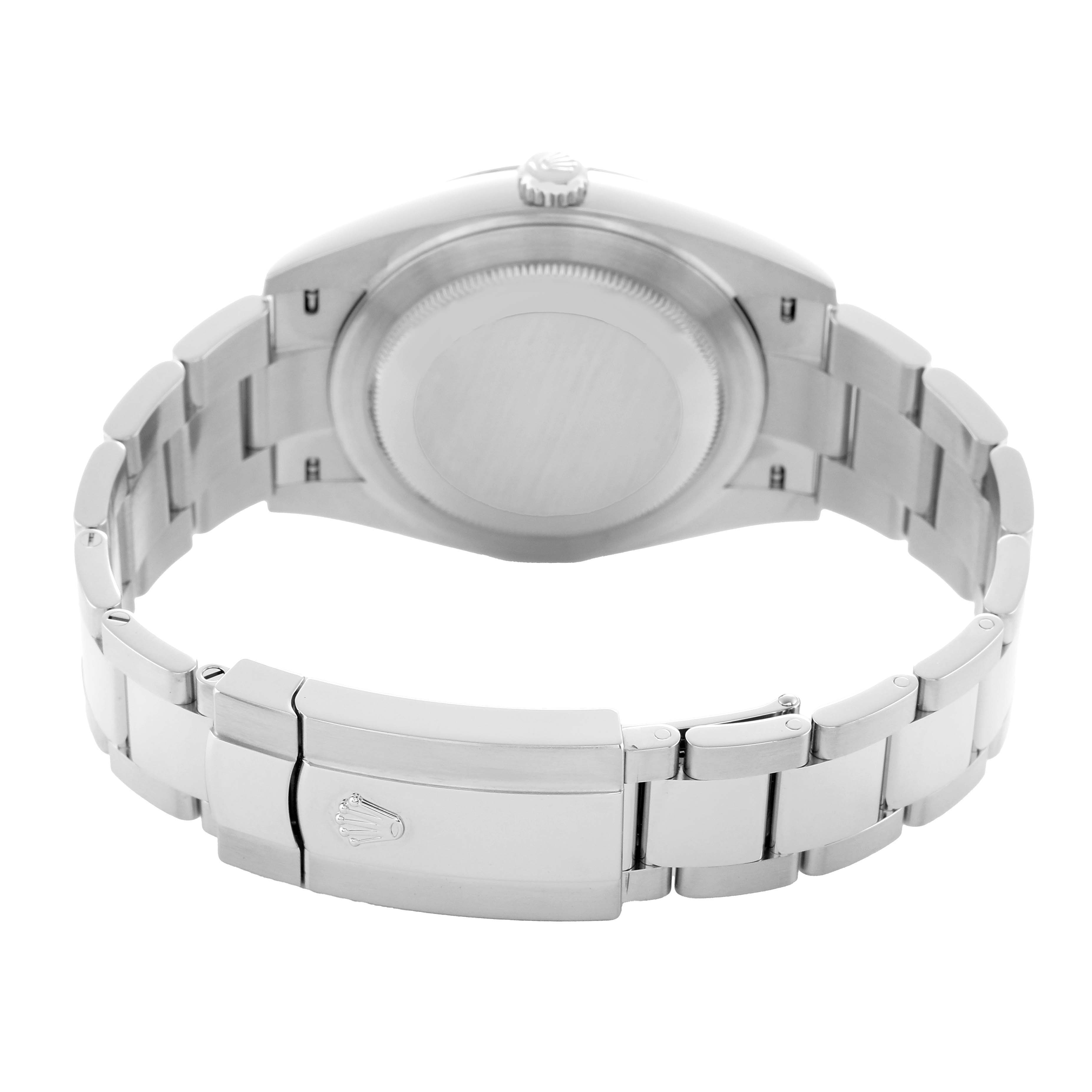 The image shows the backside of a Rolex Datejust 41 126300 Men's Stainless Steel Blue Dial, highlighting the case back, bracelet, and clasp.