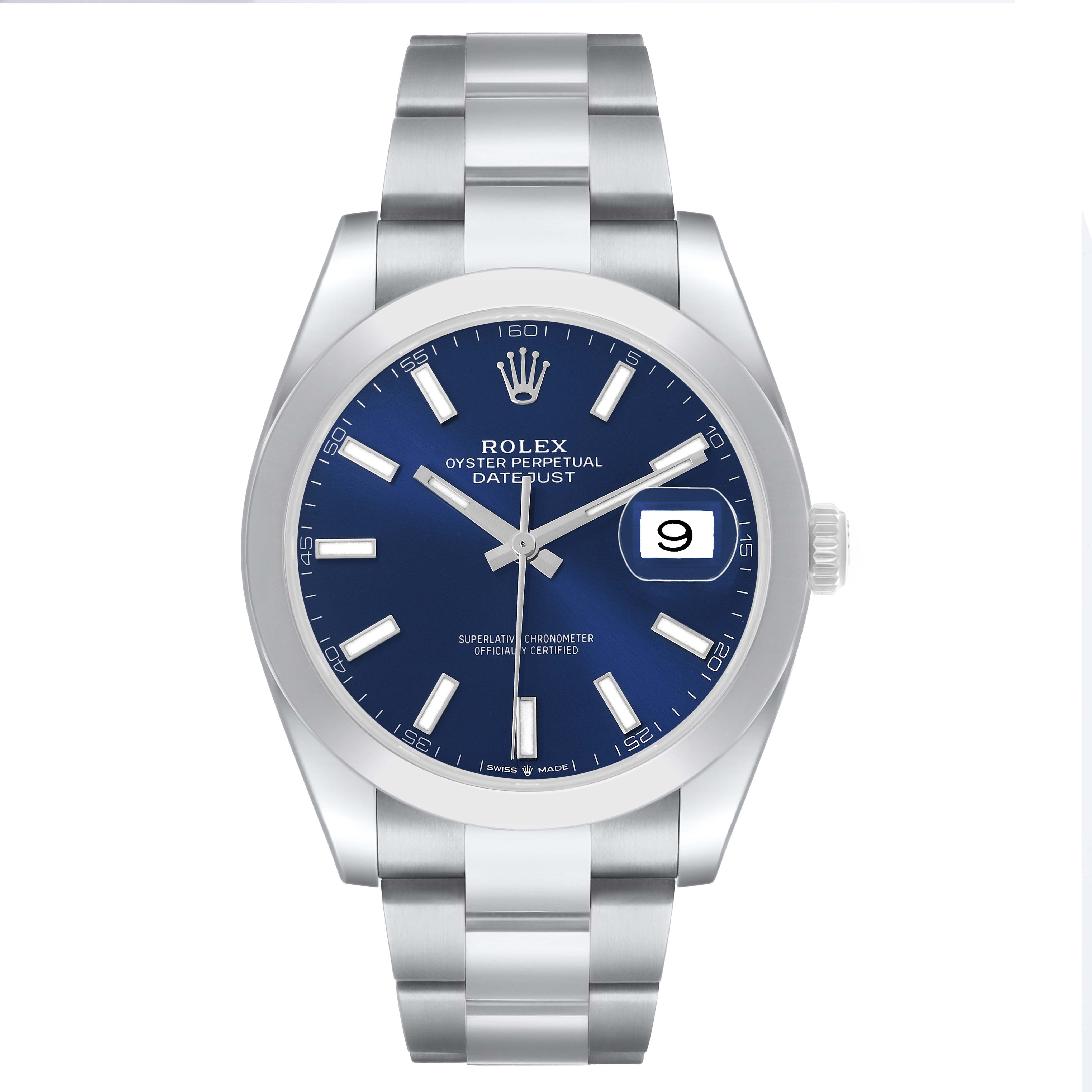 The Rolex Datejust 41 126300 Men's Stainless Steel Blue Dial watch is shown from a front view, displaying the blue dial, hour markers, hands, and metal bracelet.