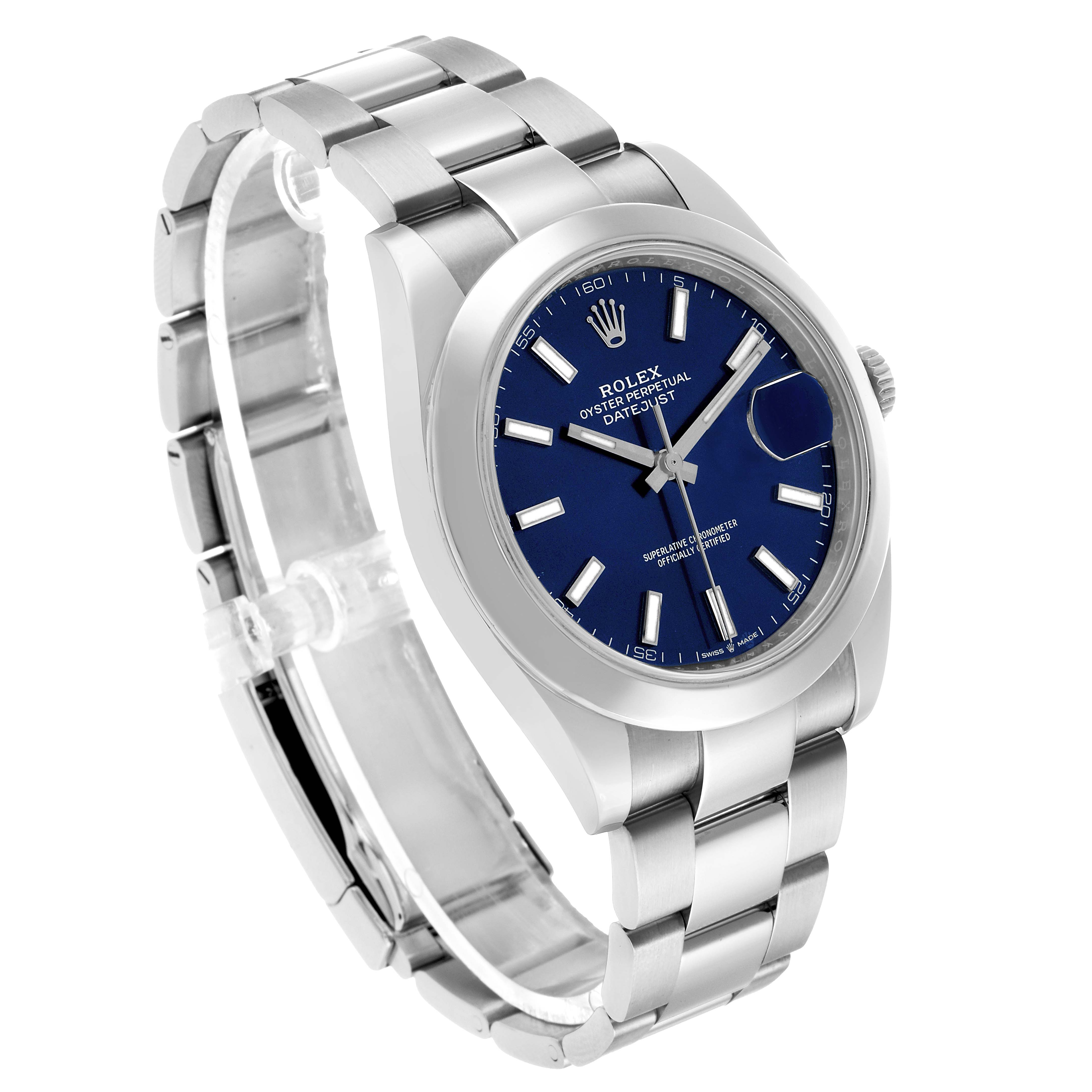 The image shows a Rolex Datejust 41 126300 Men's Stainless Steel Blue Dial watch at a three-quarter angle, highlighting the blue dial, bezel, and bracelet.