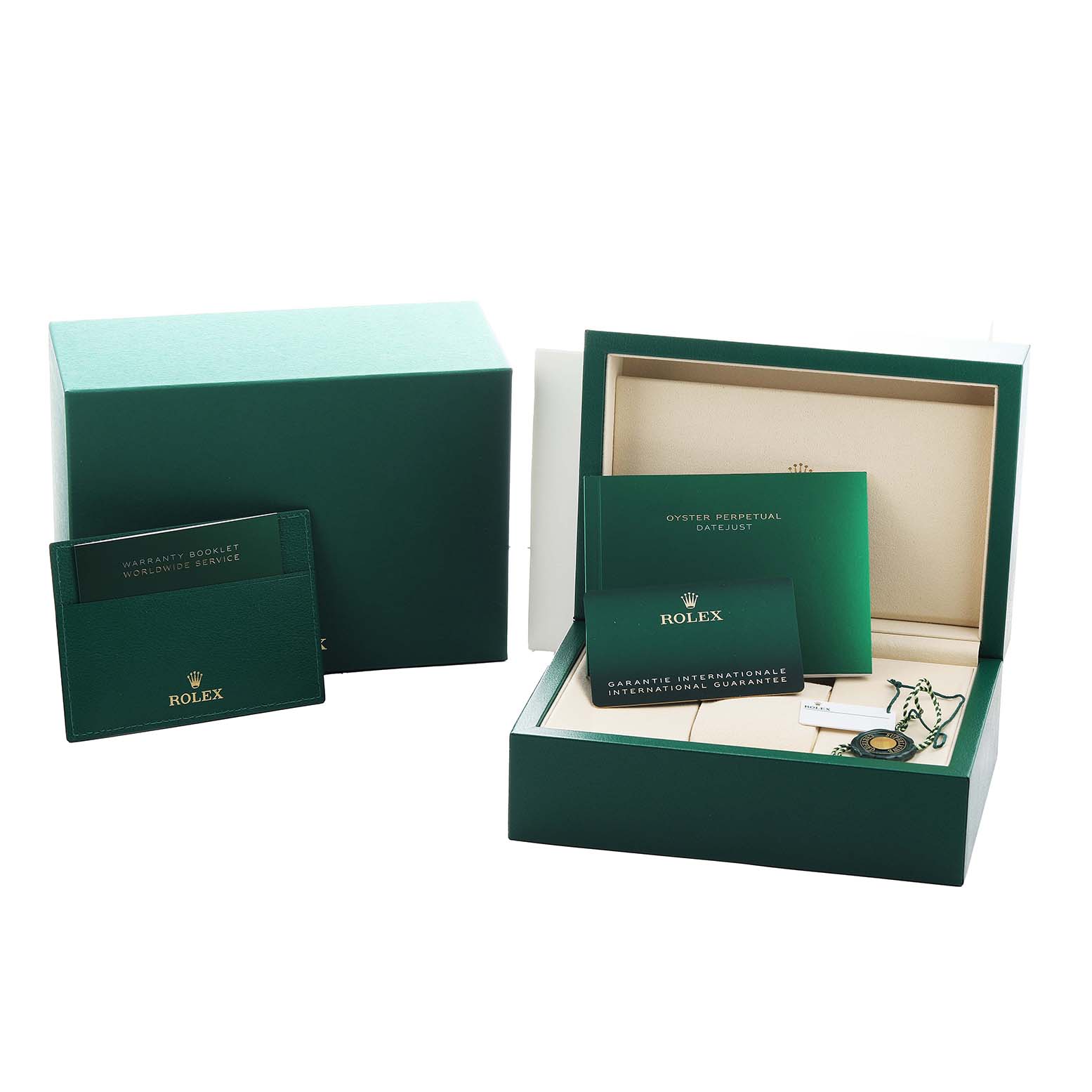 The image shows the packaging and accessories for a Rolex Datejust 41 126300 Men's Stainless Steel Blue Dial, including boxes, booklets, and a tag.