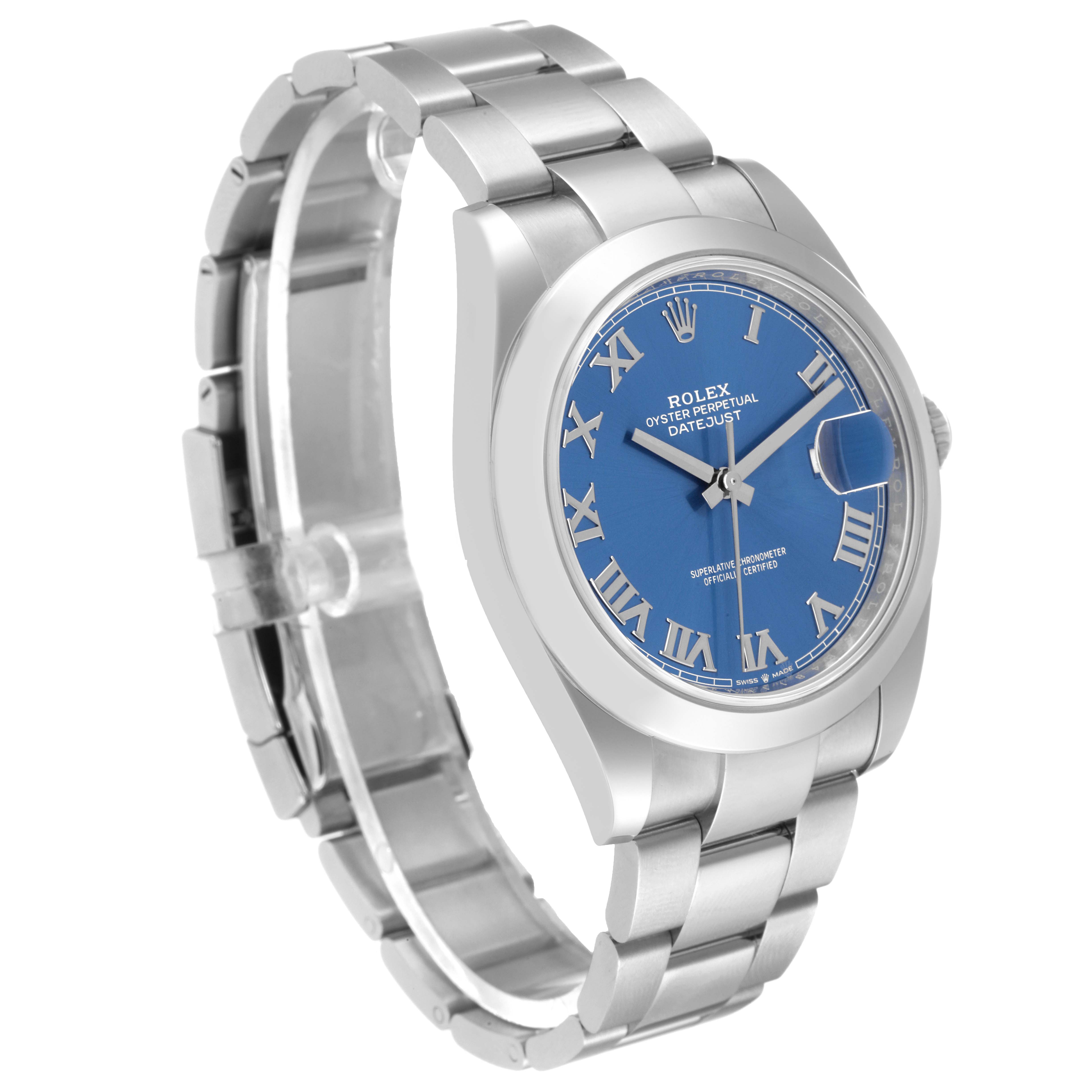 The Rolex Datejust 41 126300 Men's Stainless Steel Blue Dial 126300 Men's Stainless Steel Blue Dial watch is shown in a three-quarter angle, displaying the dial, case, and bracelet.