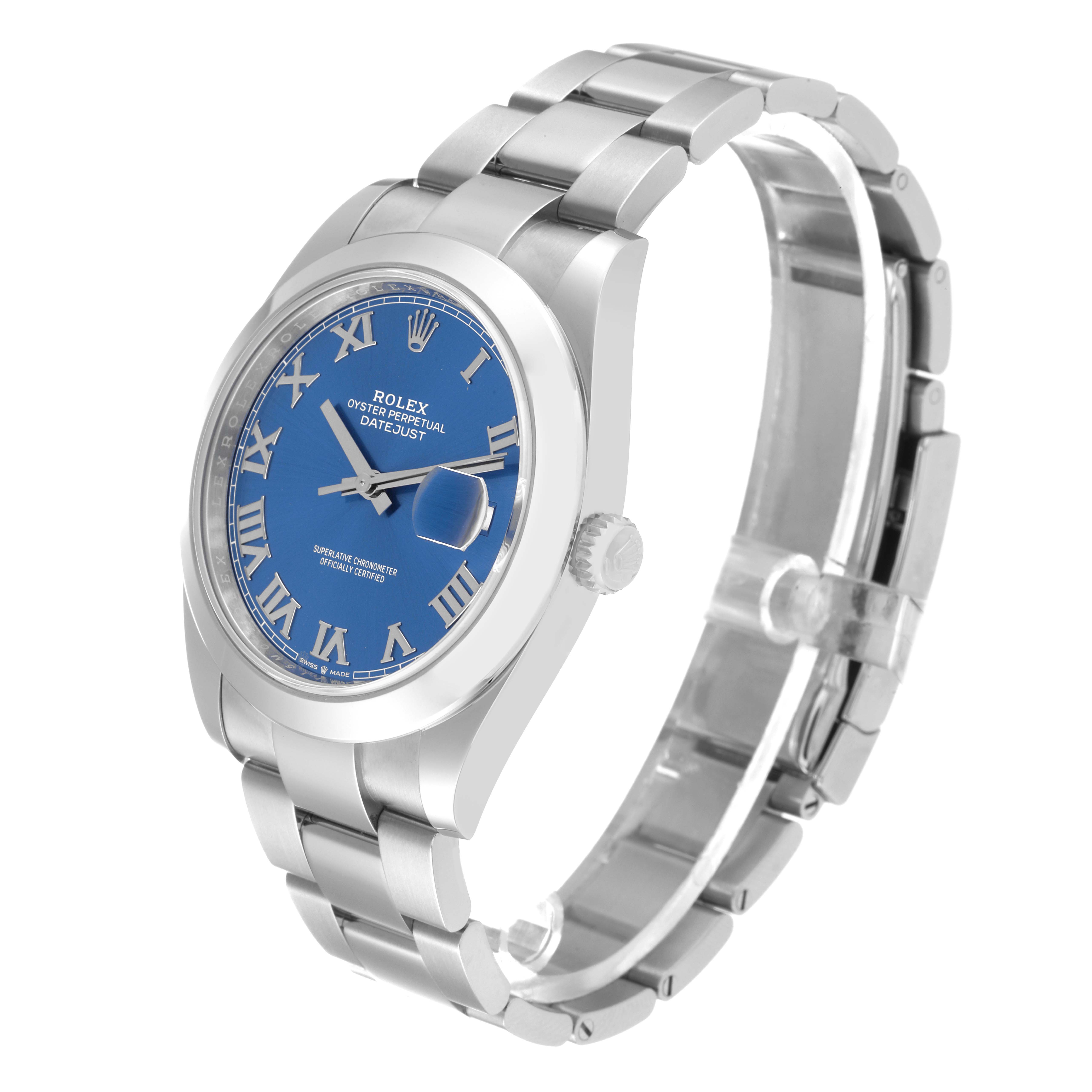 The Rolex Datejust 41 126300 Men's Stainless Steel Blue Dial 126300 Men's Stainless Steel Blue Dial is shown at a three-quarter angle, displaying the dial, crown, and bracelet.