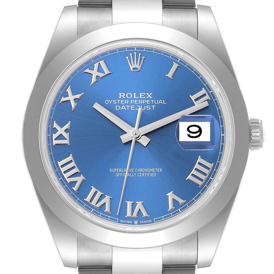 The Rolex Datejust 41 is shown from the front, highlighting its blue dial, Roman numerals, and date window at 3 o'clock.