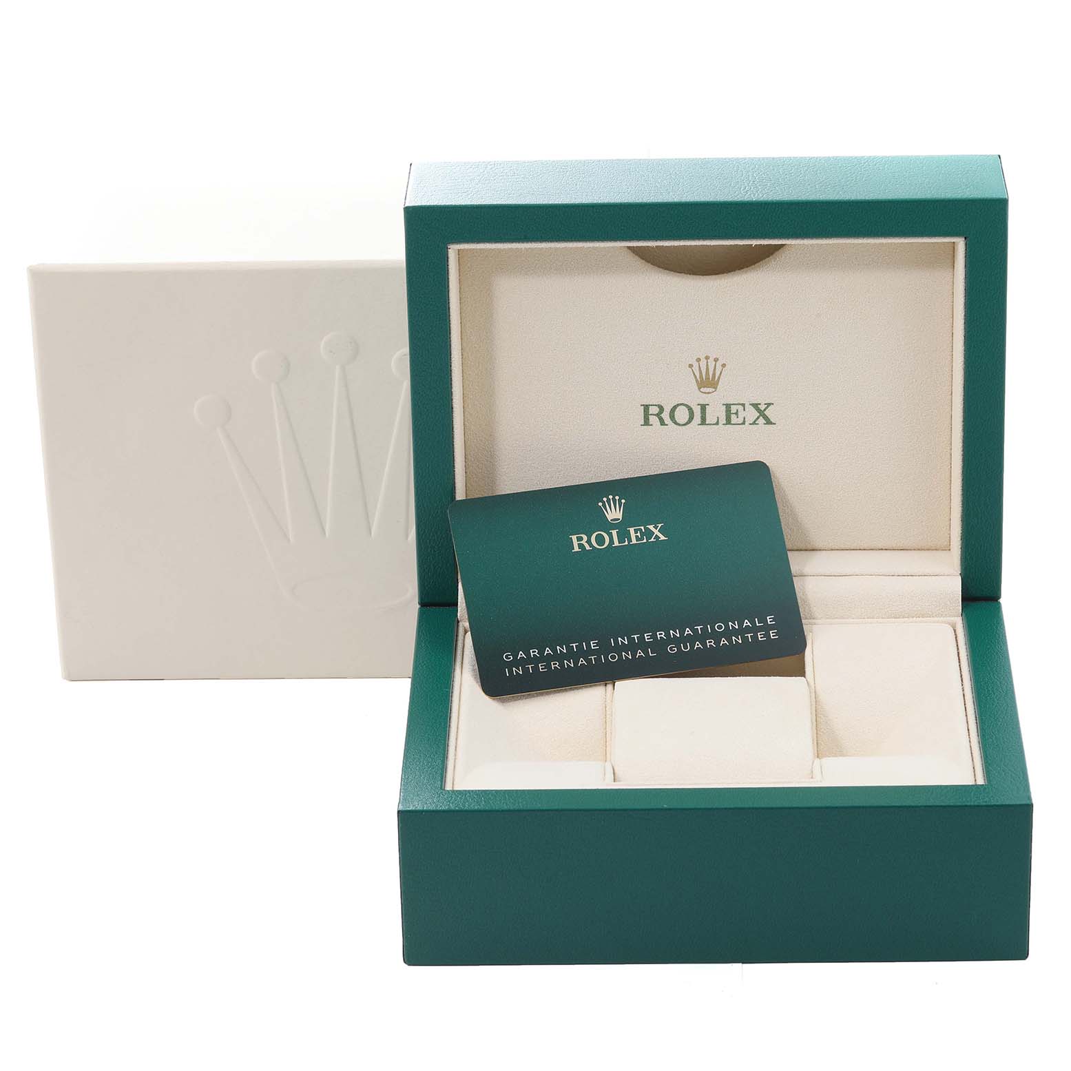 The image shows the open box and warranty card for a Rolex Datejust 41 126300 Men's Stainless Steel Blue Dial 126300 Men's Stainless Steel Blue Dial watch.