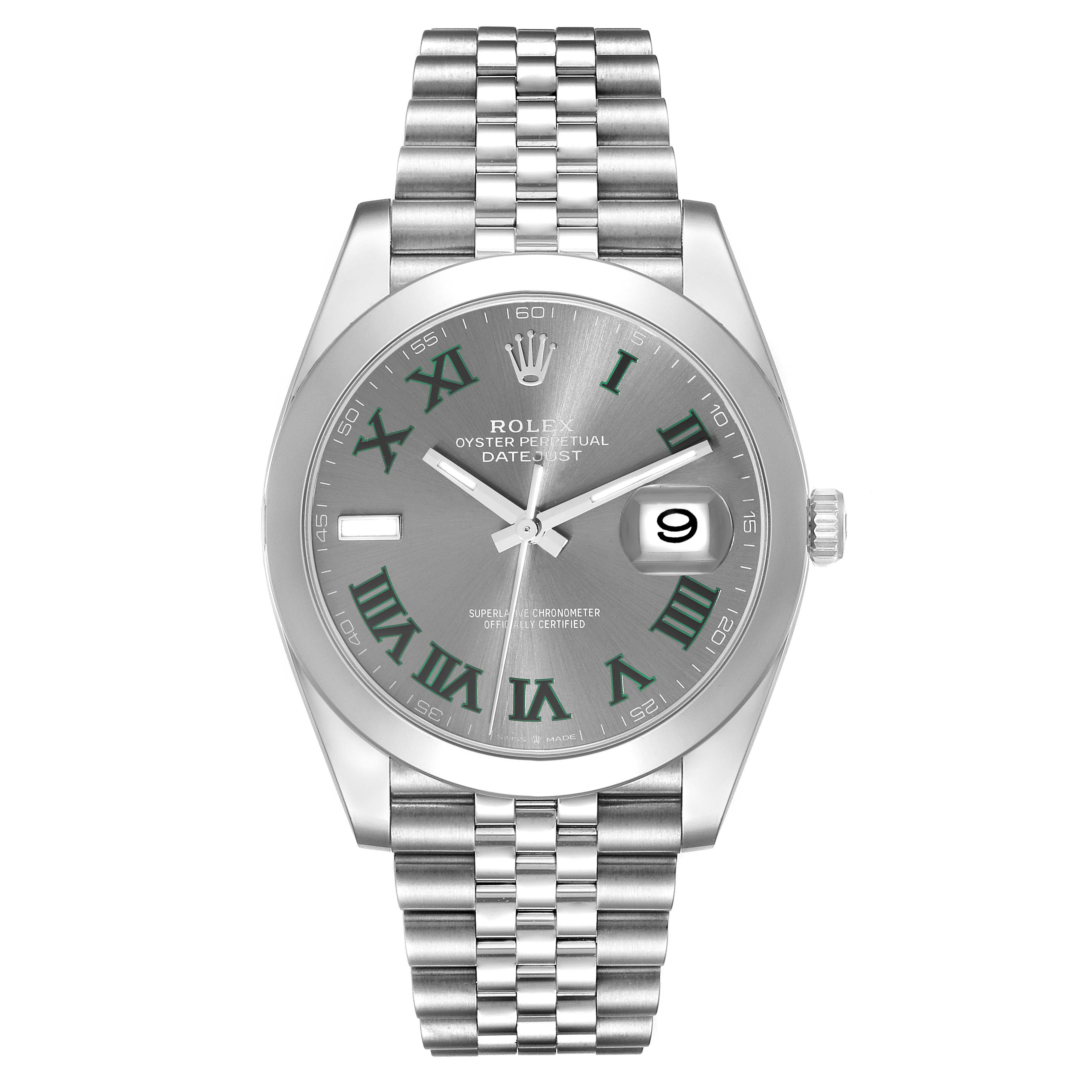 This image shows a front view of a Rolex Datejust 41 126300 Men's Stainless Steel Grey Dial 126300 Men's Stainless Steel Grey Dial watch with a silver dial and green Roman numerals.