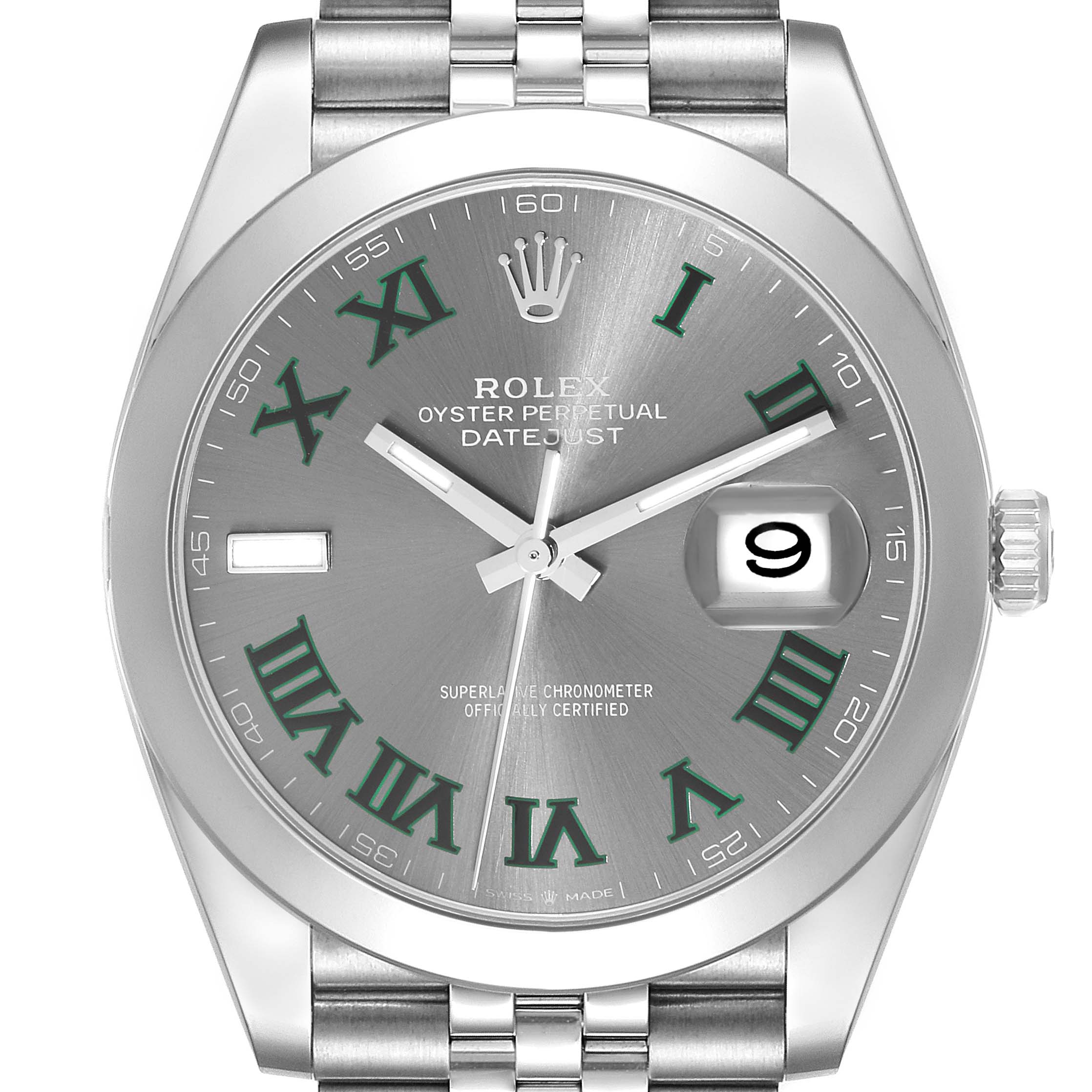 The Rolex Datejust 41 126300 Men's Stainless Steel Grey Dial 126300 Men's Stainless Steel Grey Dial watch is shown from the front, detailing the dial, hands, date window, and bracelet.