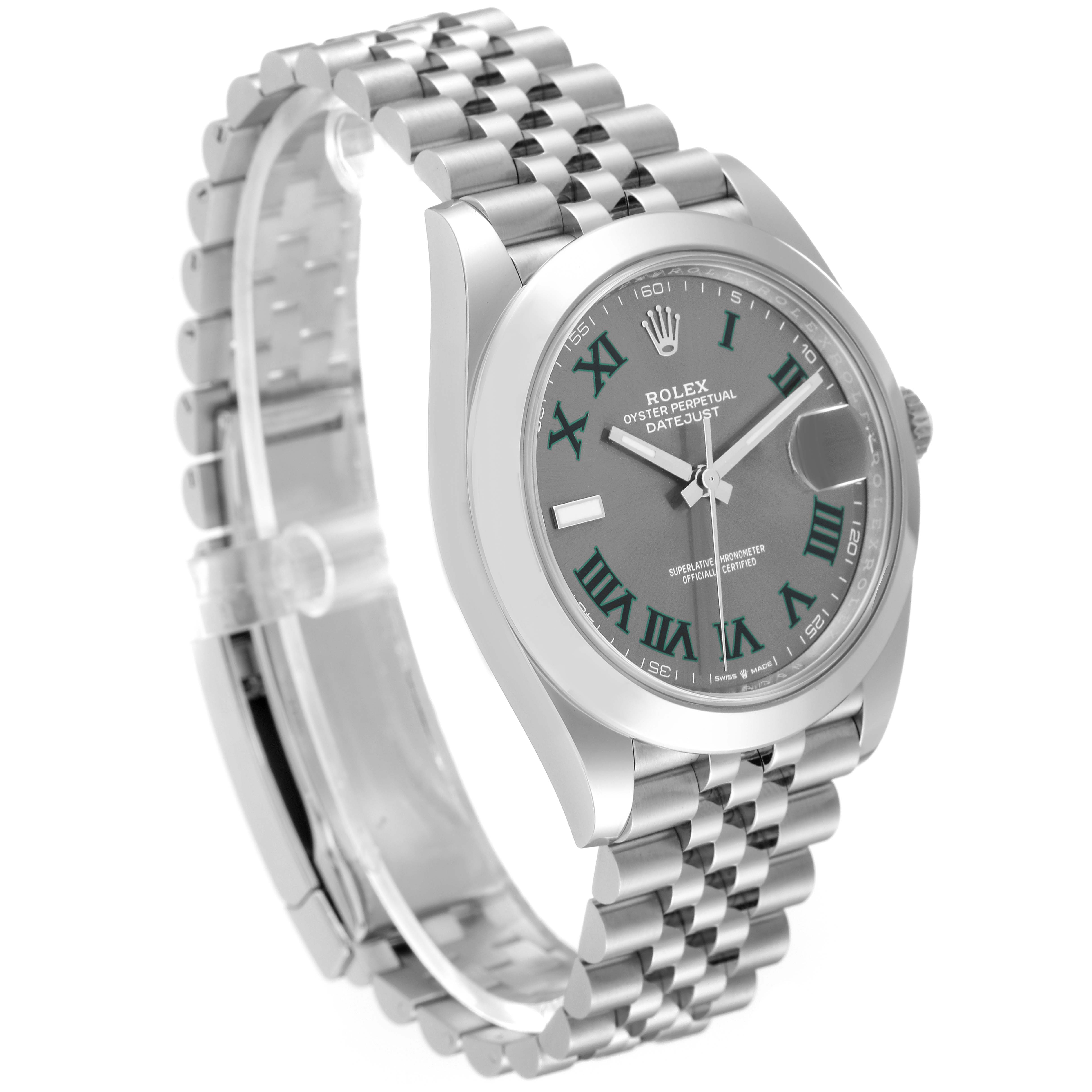 The Rolex Datejust 41 126300 Men's Stainless Steel Grey Dial 126300 Men's Stainless Steel Grey Dial is shown at a three-quarter angle emphasizing the dial, case, and bracelet.