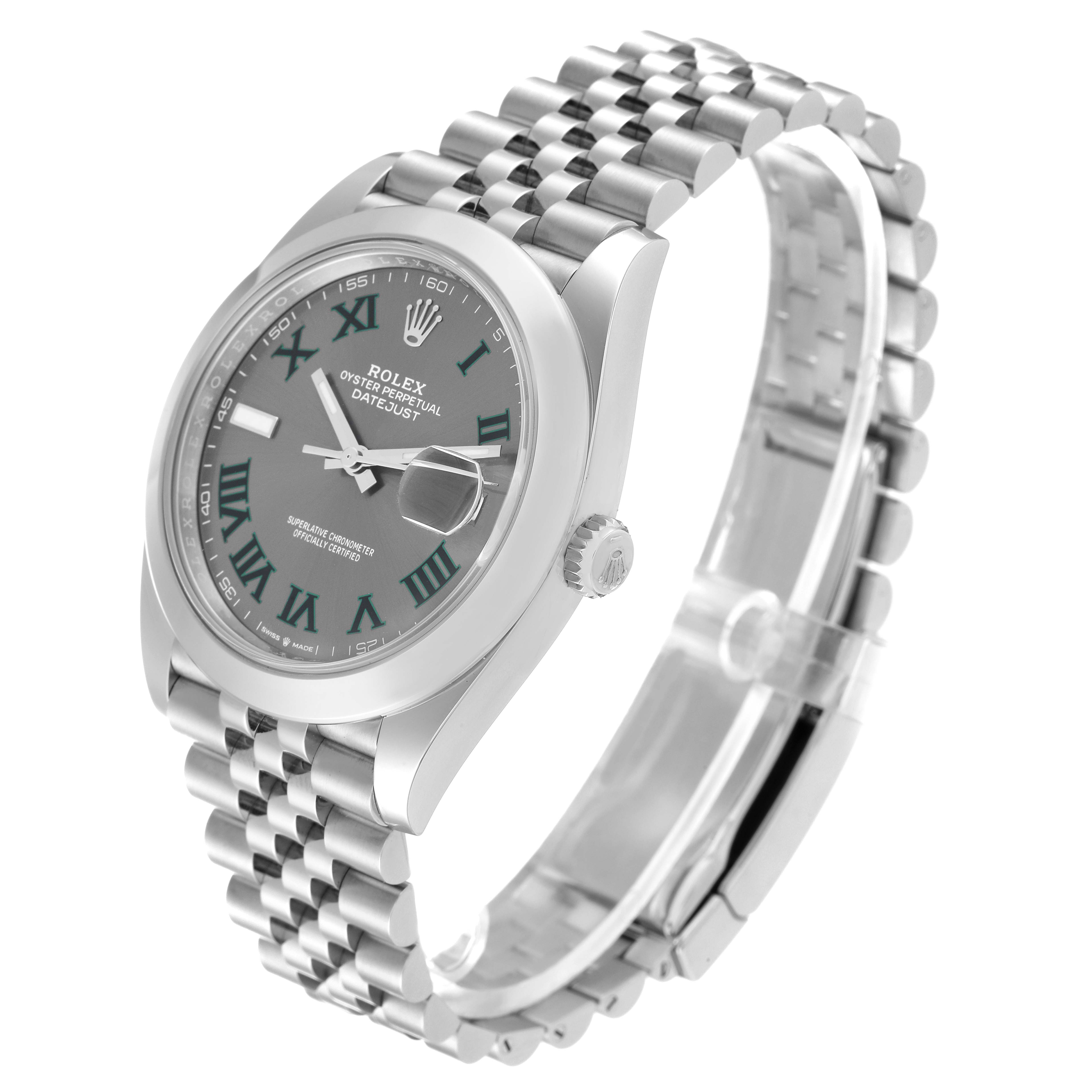 This image shows a Rolex Datejust 41 126300 Men's Stainless Steel Grey Dial 126300 Men's Stainless Steel Grey Dial model watch from an angled side view, highlighting its dial, bezel, crown, and Jubilee bracelet.