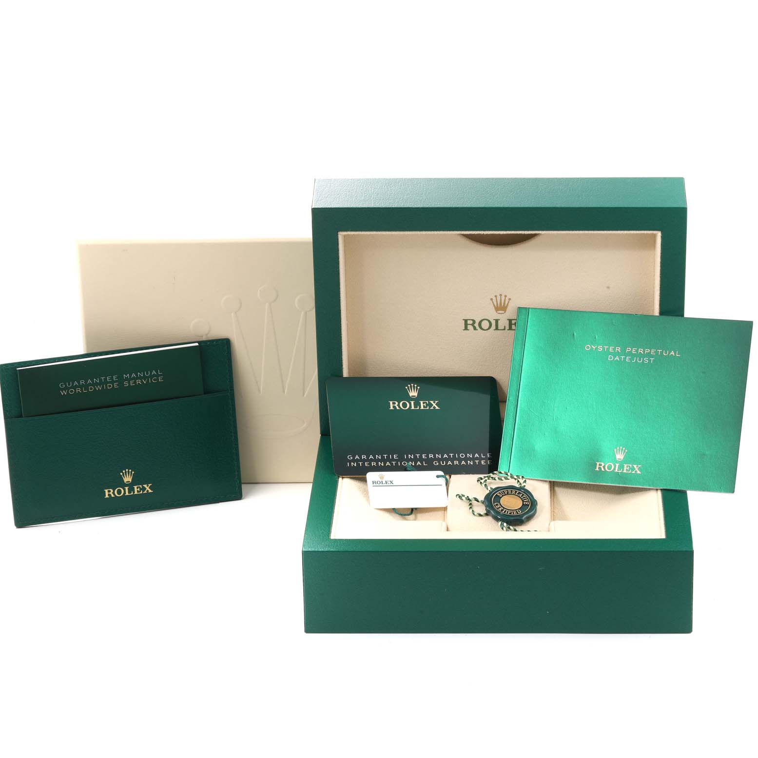 The image shows packaging and documentation for a Rolex Datejust 41 126300 Men's Stainless Steel Grey Dial 126300 Men's Stainless Steel Grey Dial, including manuals, a warranty card, and a presentation box.