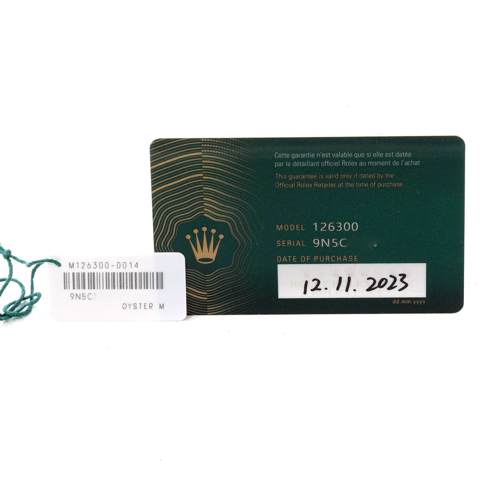 The image shows a warranty card and tag for the Rolex Datejust 41 126300 Men's Stainless Steel Grey Dial 126300 Men's Stainless Steel Grey Dial model.