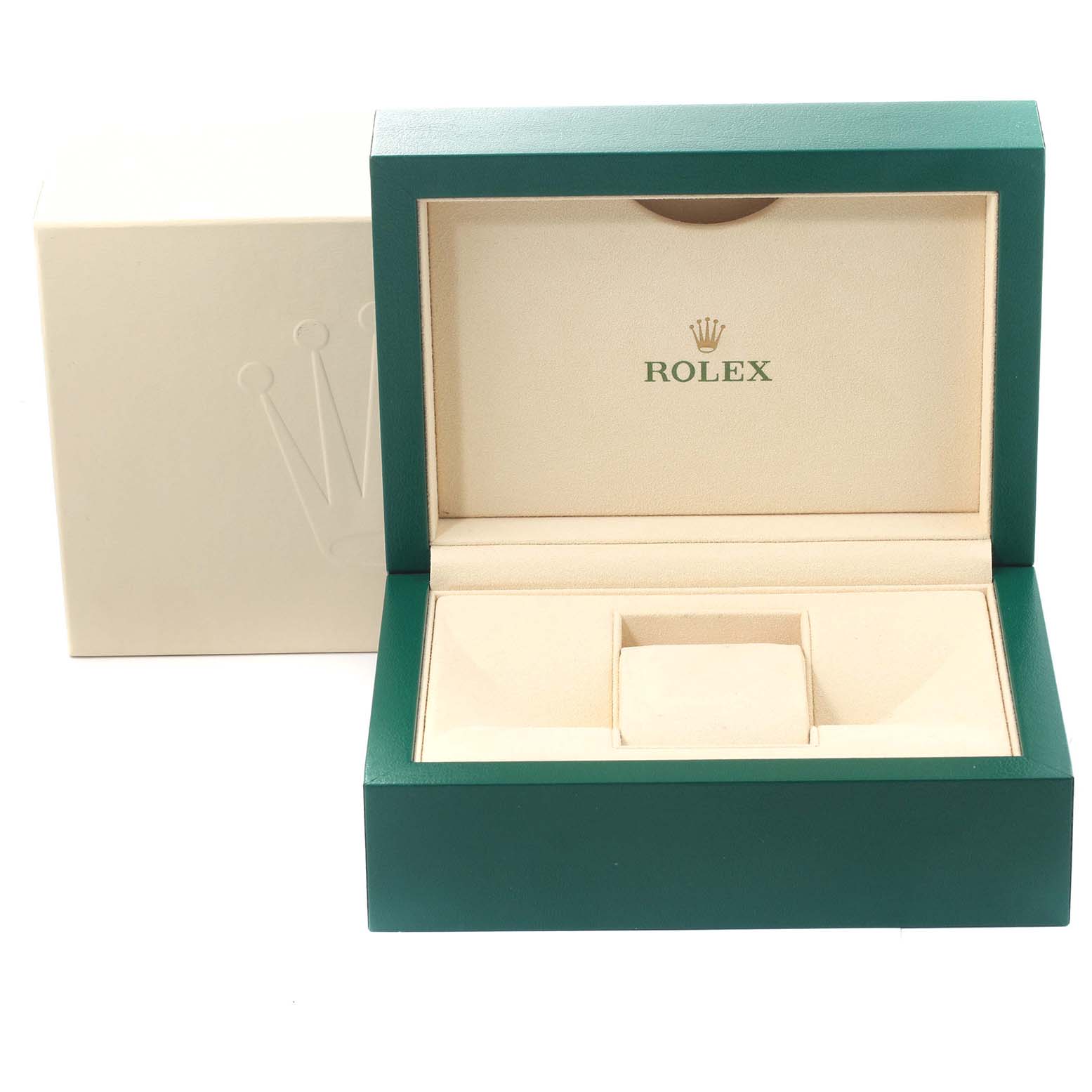 This image shows the open presentation box for the Rolex Datejust 41 126334 Men's Stainless Steel Blue Dial 126334 Men's Stainless Steel Blue Dial model.