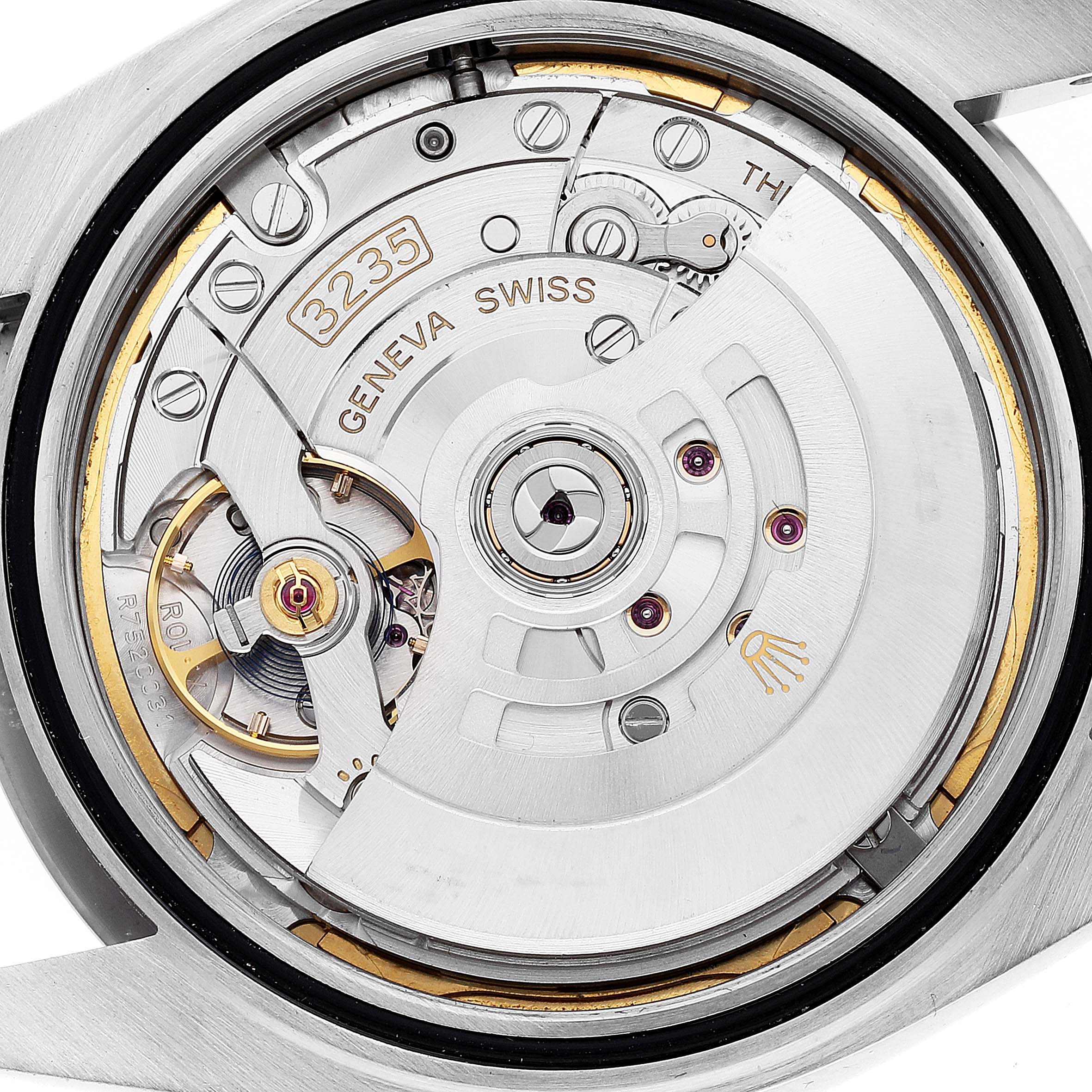 The image shows the movement mechanism of the Rolex Datejust 41 126334 Men's Stainless Steel Blue Dial 126334 Men's Stainless Steel Blue Dial watch, viewed from the back.