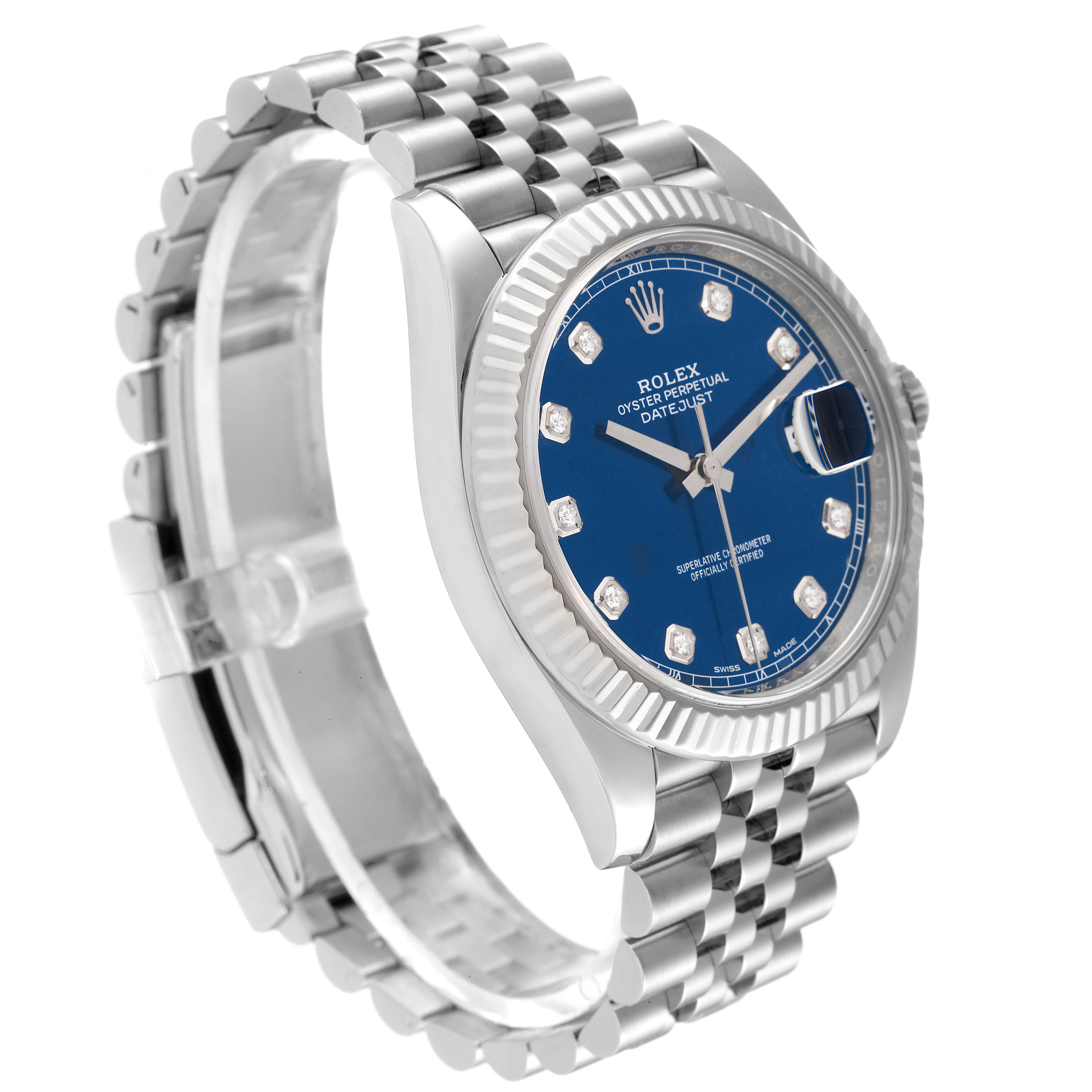 This image shows a Rolex Datejust 41 126334 Men's Stainless Steel Blue Dial 126334 Men's Stainless Steel Blue Dial watch from a three-quarter angle, highlighting its blue dial, fluted bezel, and Jubilee bracelet.