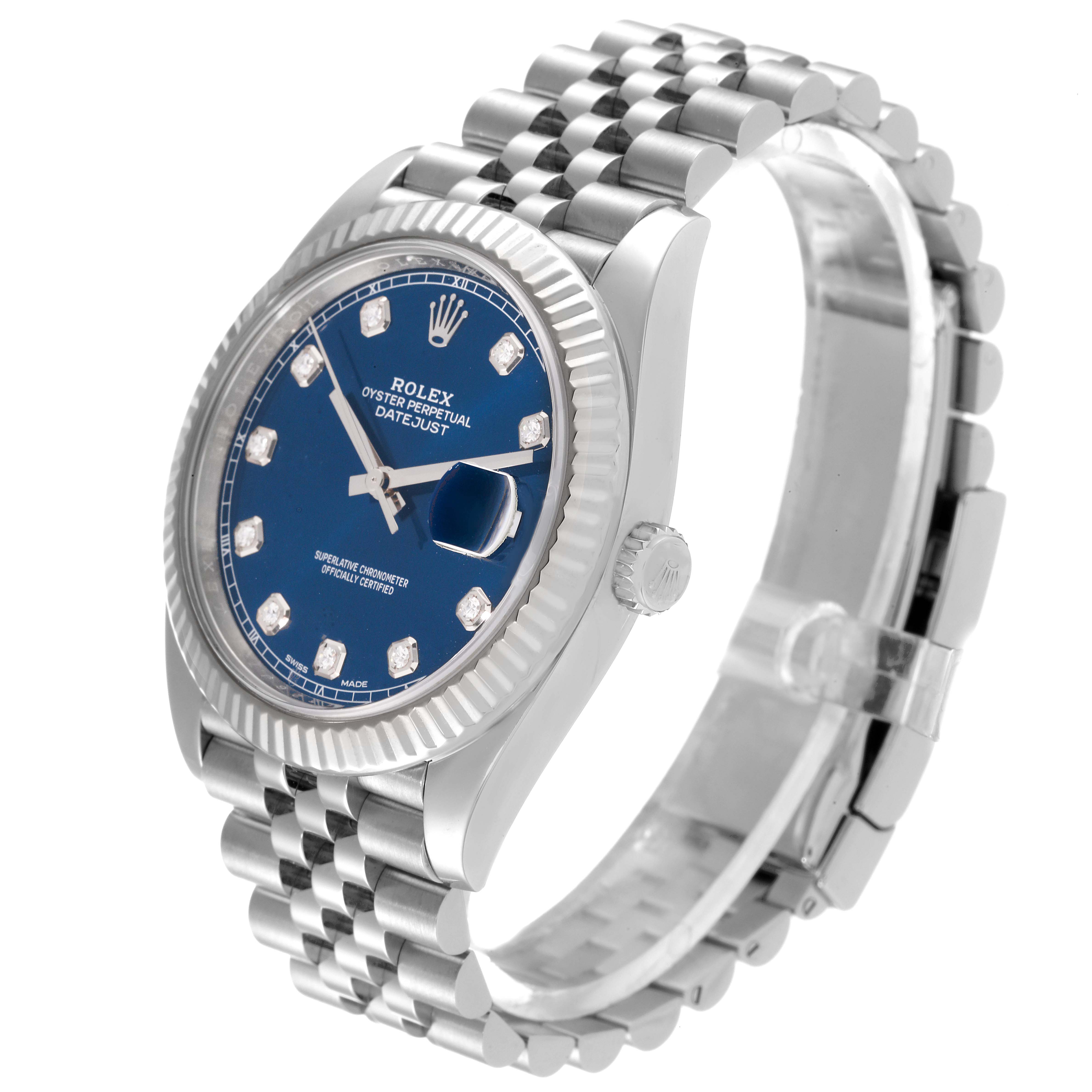 This image shows a Rolex Datejust 41 126334 Men's Stainless Steel Blue Dial 126334 Men's Stainless Steel Blue Dial model watch at a slight angle, highlighting its blue dial, fluted bezel, and Jubilee bracelet.