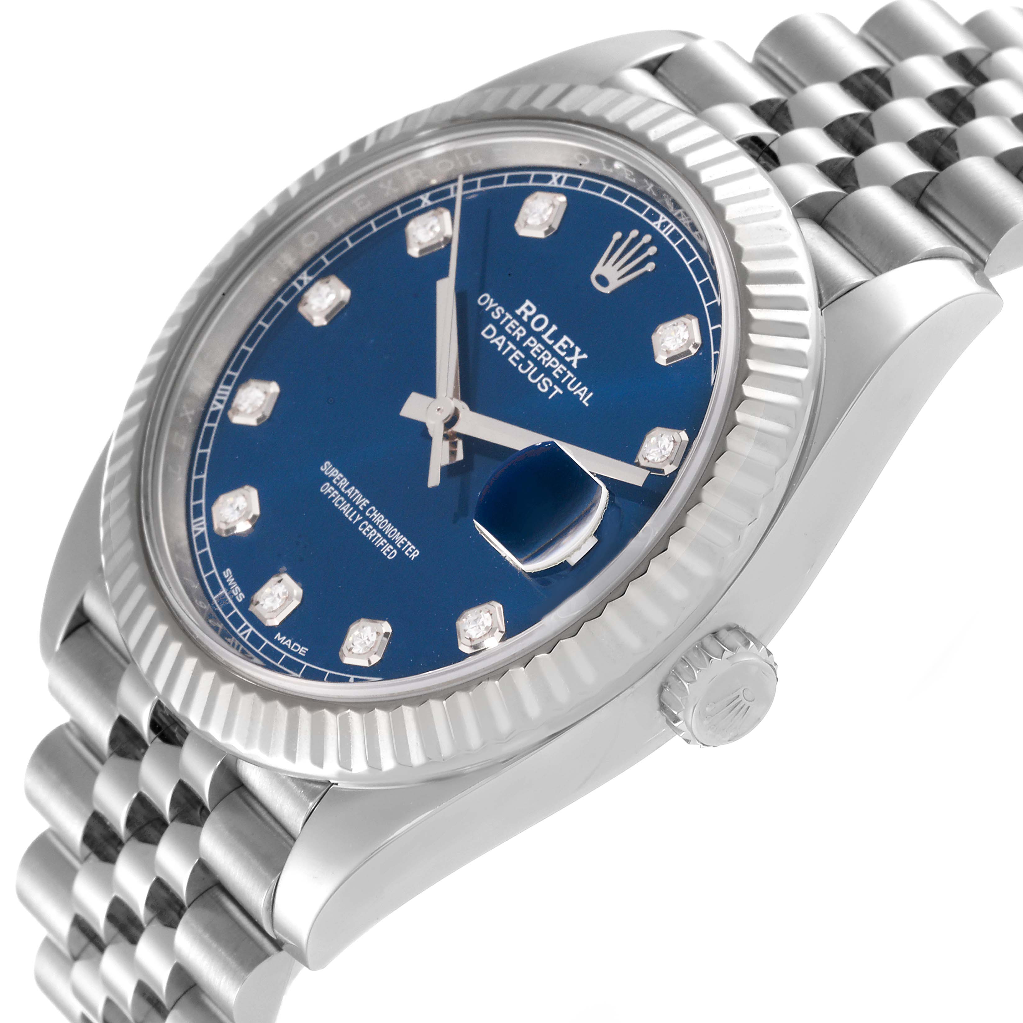 The Rolex Datejust 41 126334 Men's Stainless Steel Blue Dial 126334 Men's Stainless Steel Blue Dial watch is shown from a slight angle, displaying the dial, bezel, crown, and bracelet.