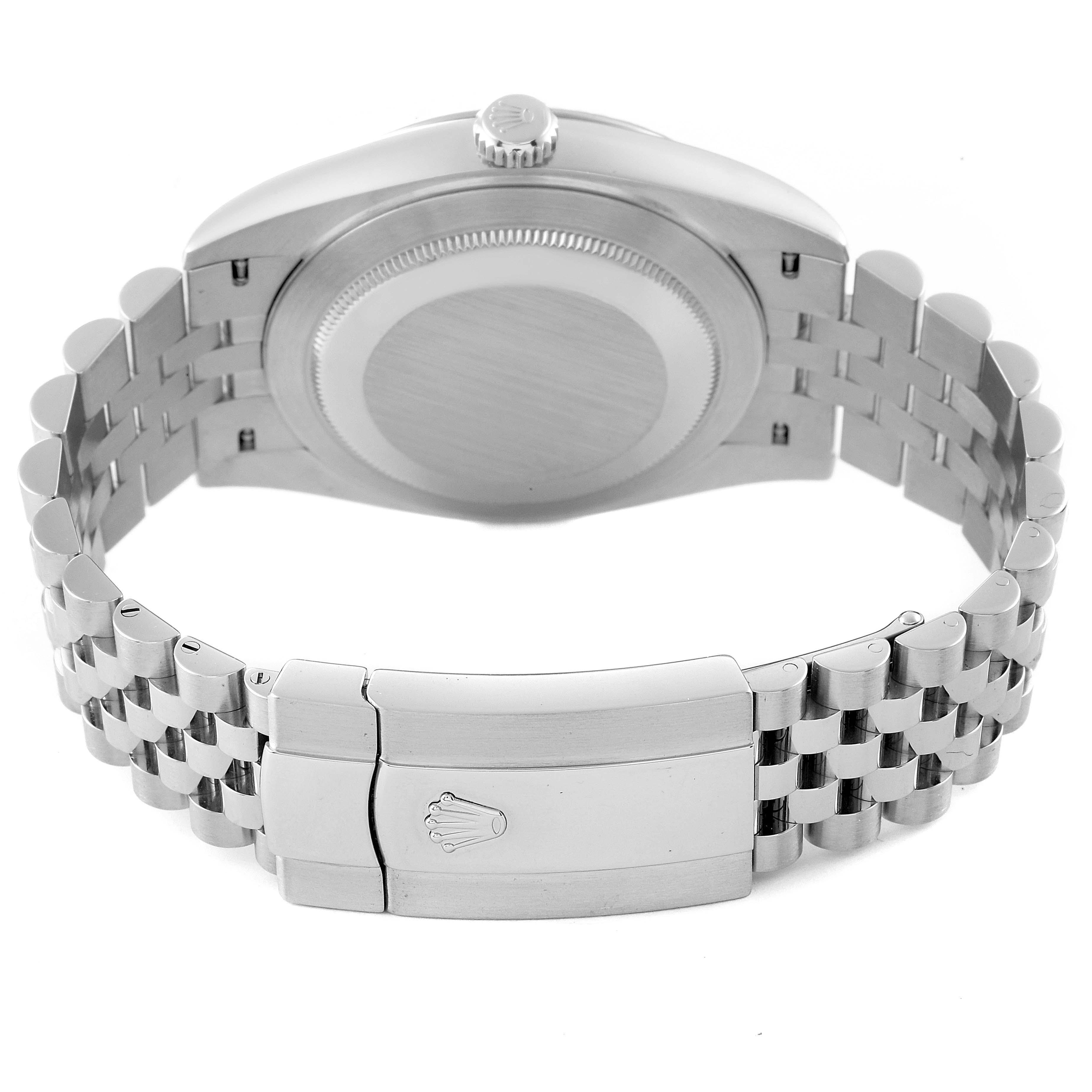 This image shows the back view of the Rolex Datejust 41 126334 Men's Stainless Steel Blue Dial 126334 Men's Stainless Steel Blue Dial watch, featuring its case back, bracelet, and clasp.