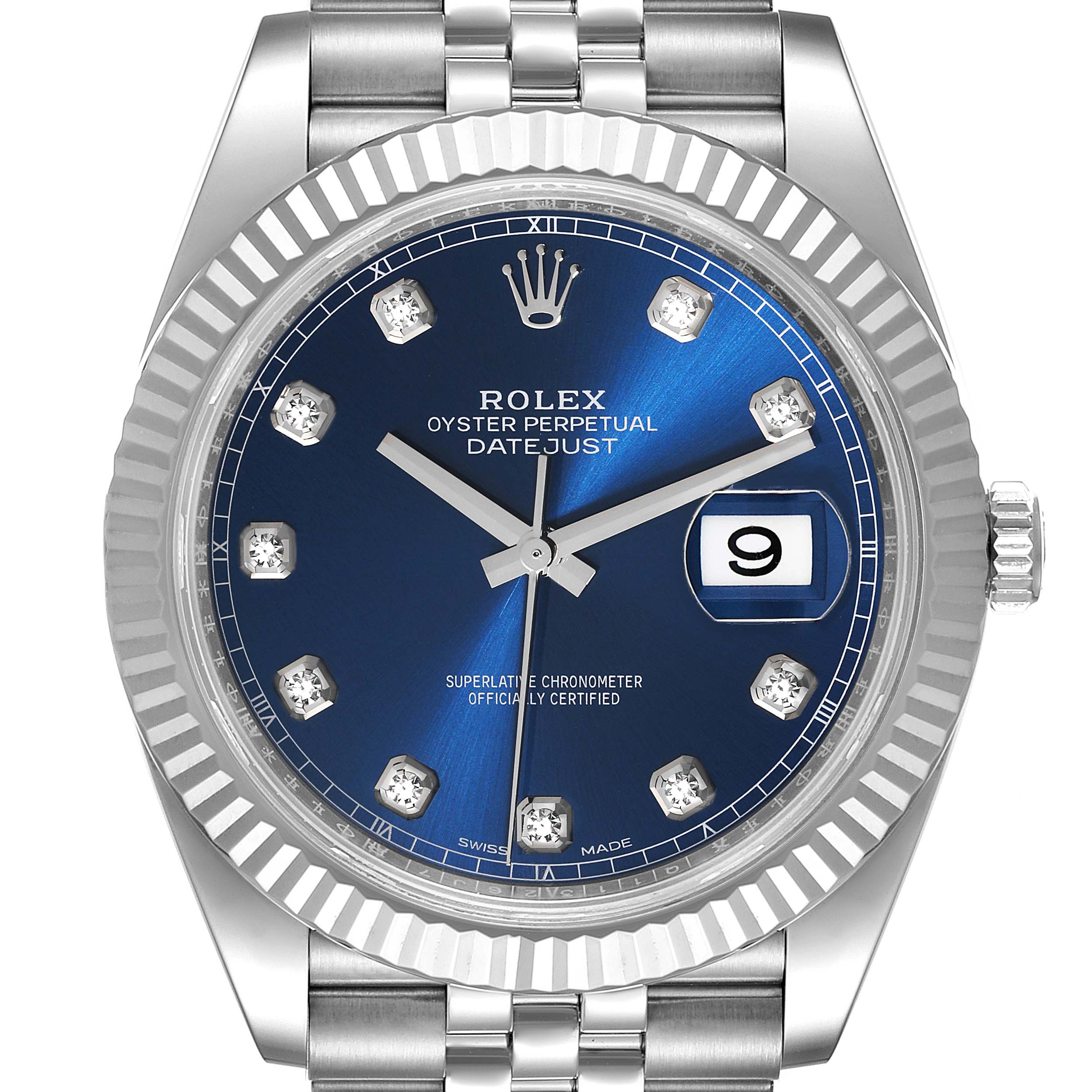 This is a close-up view of the Rolex Datejust 41 126334 Men's Stainless Steel Blue Dial 126334 Men's Stainless Steel Blue Dial watch showing the dial, bezel, crown, and part of the bracelet.