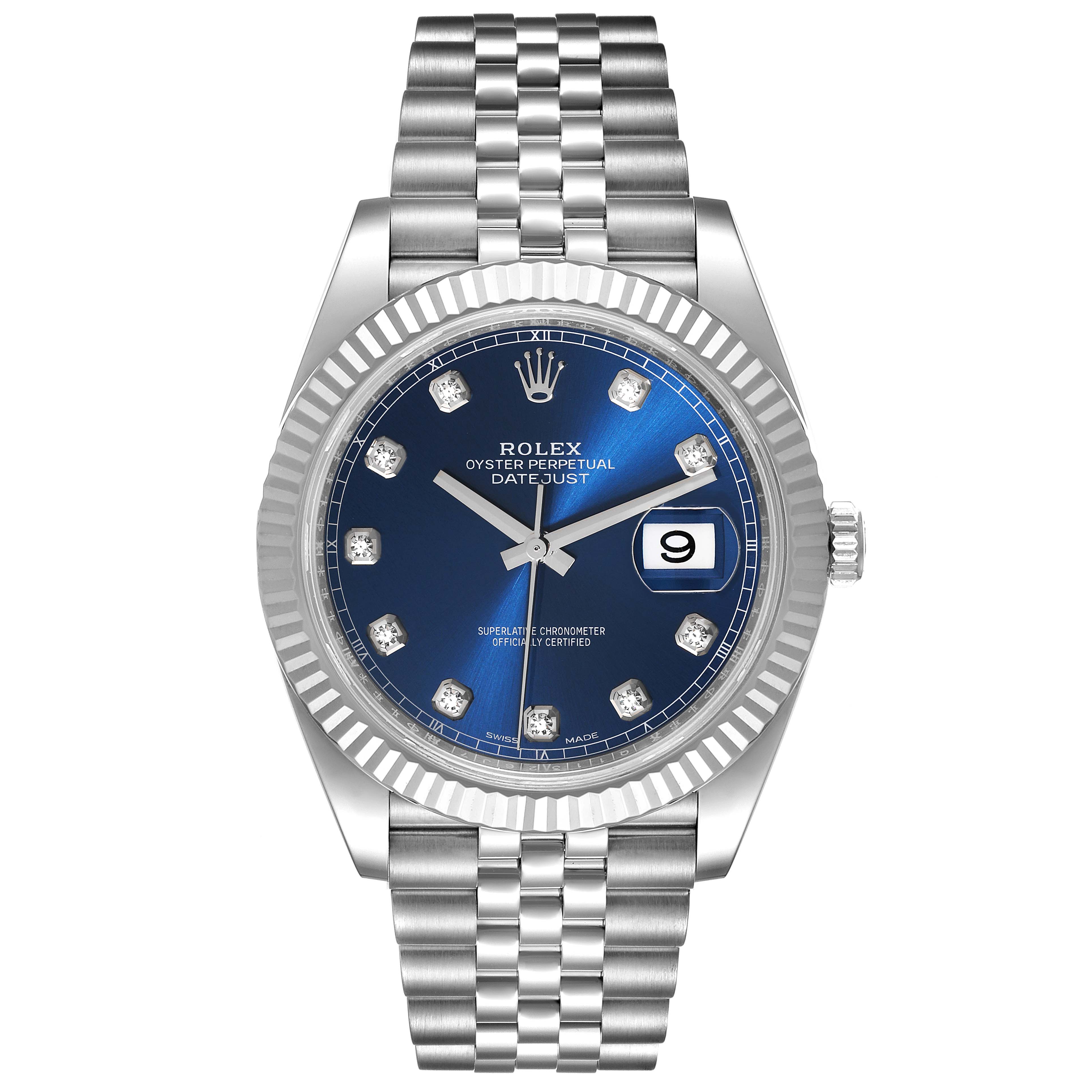 This image shows a front view of the Rolex Datejust 41 126334 Men's Stainless Steel Blue Dial 126334 Men's Stainless Steel Blue Dial model, featuring its blue dial, Jubilee bracelet, and date display.
