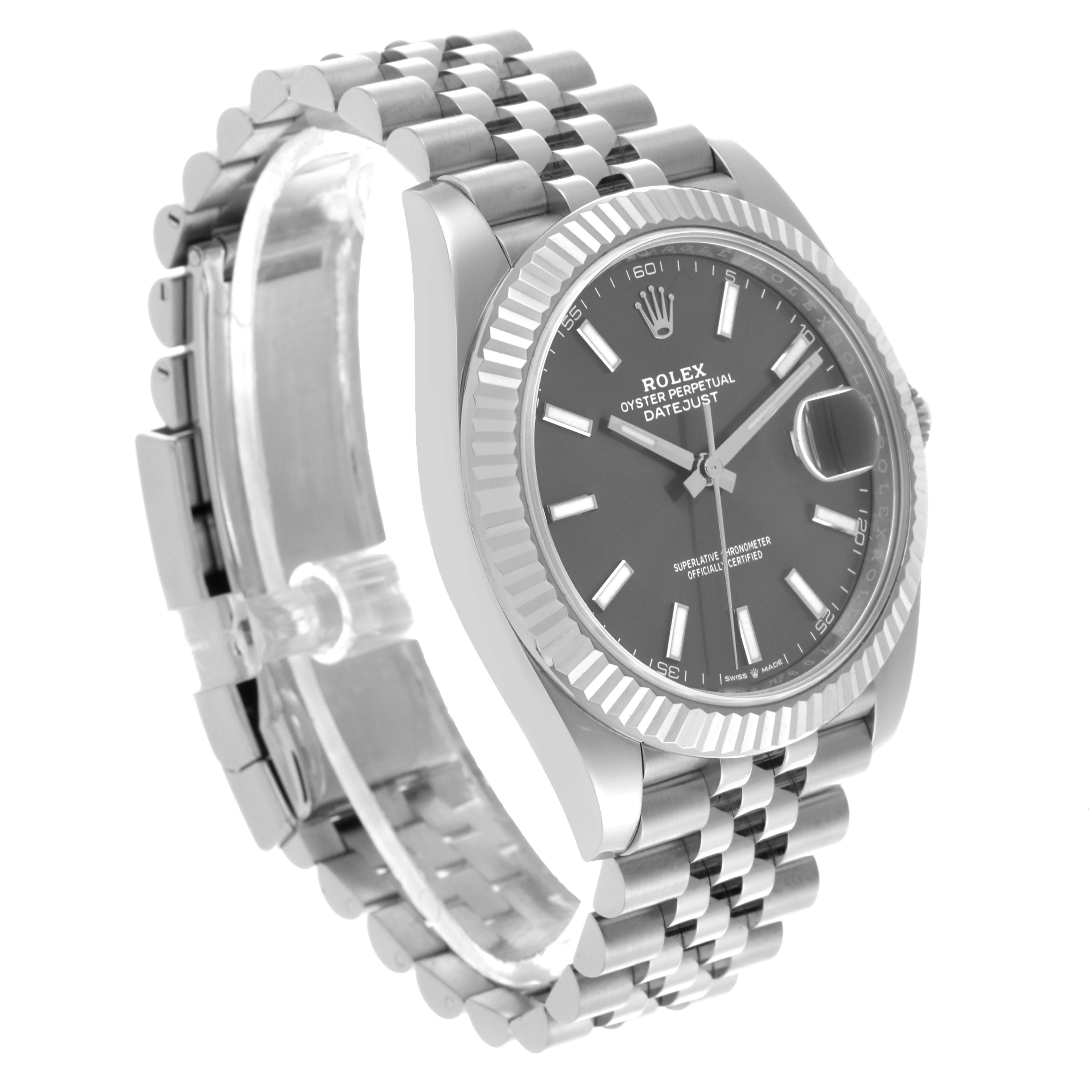 The Rolex Datejust 41 126334 Men's Stainless Steel Grey Dial 126334 Men's Stainless Steel Grey Dial is shown at a side angle, highlighting the bezel, dial, and bracelet.
