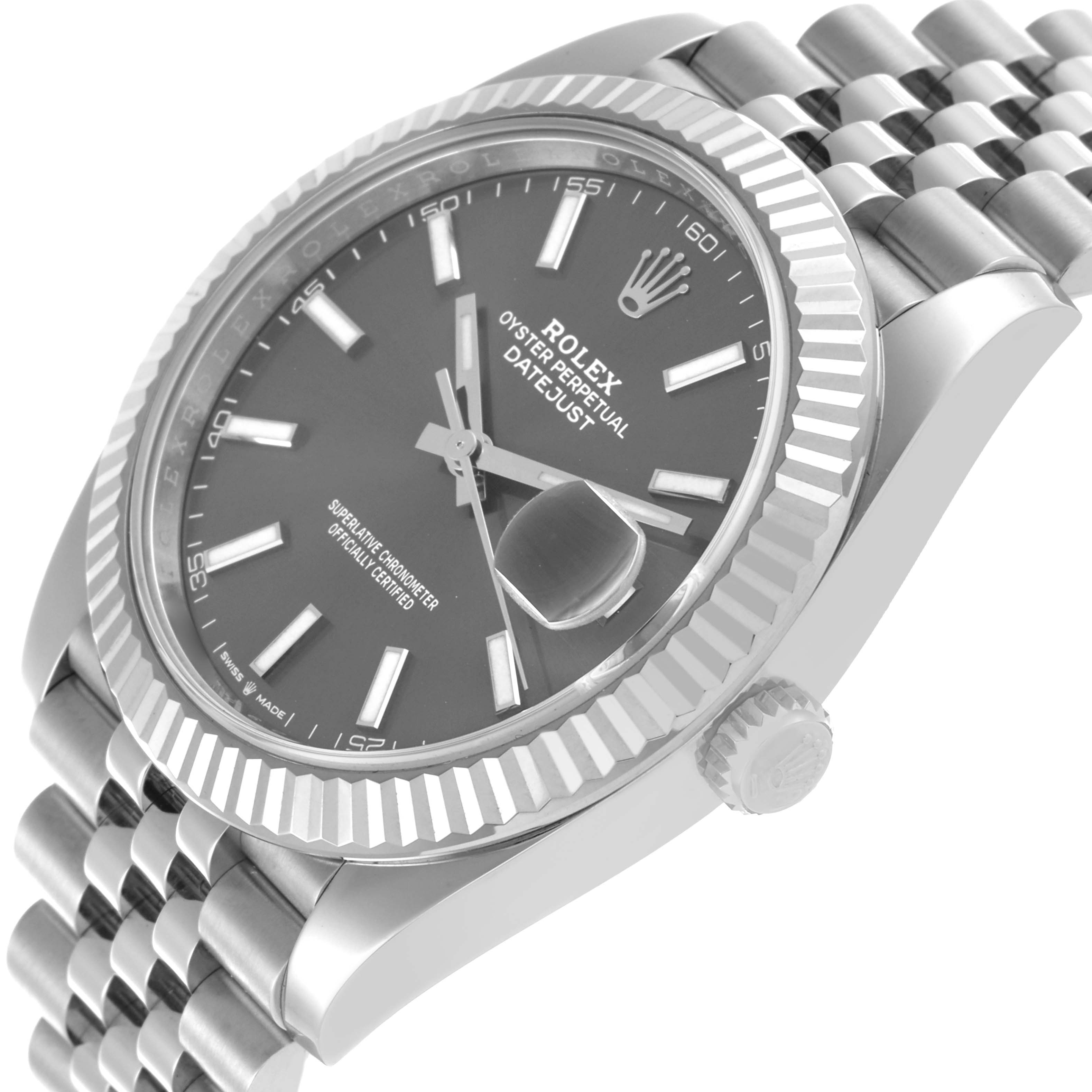 The Rolex Datejust 41 126334 Men's Stainless Steel Grey Dial 126334 Men's Stainless Steel Grey Dial watch is shown from an angled side view, highlighting the bezel, dial, crown, and part of the bracelet.