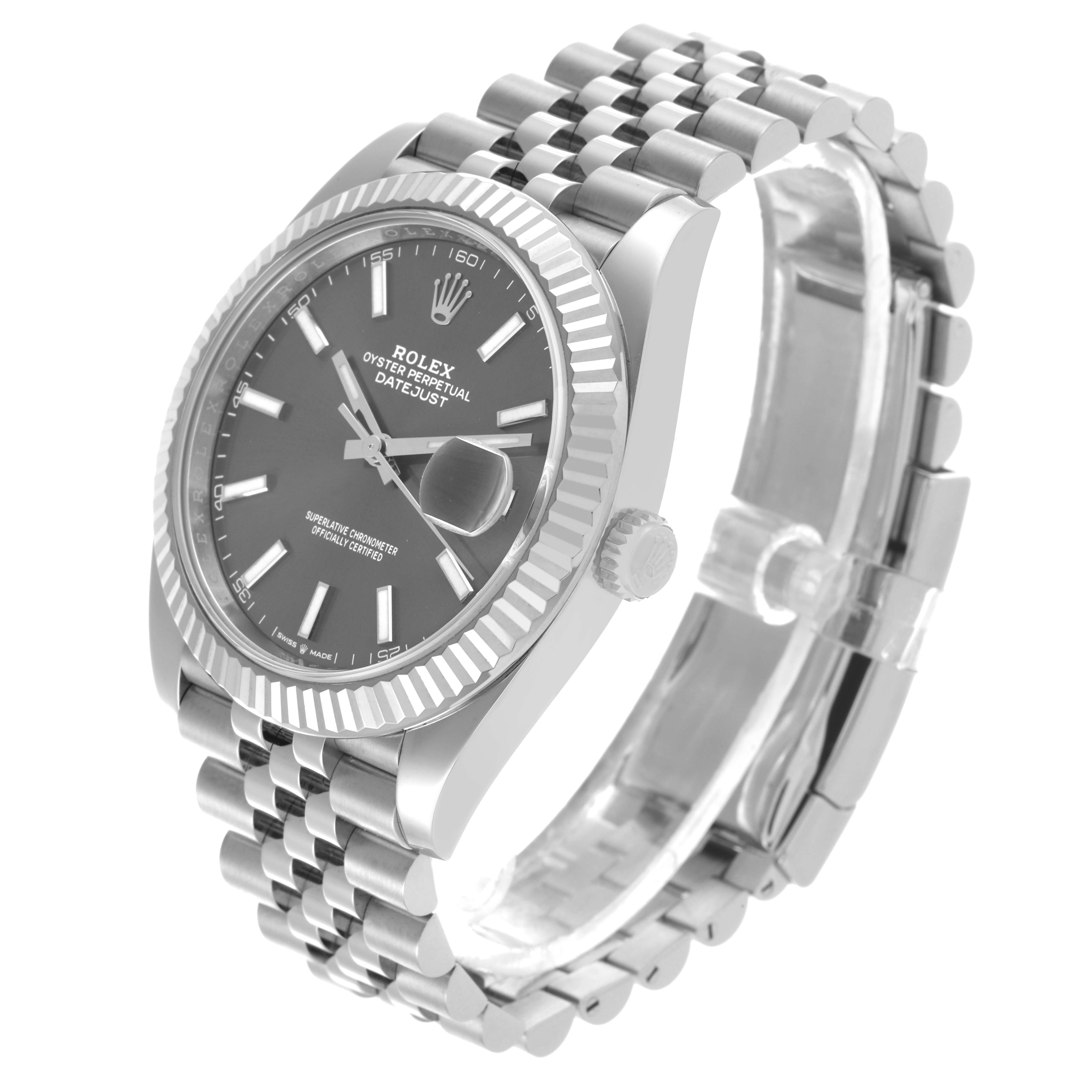 The Rolex Datejust 41 126334 Men's Stainless Steel Grey Dial 126334 Men's Stainless Steel Grey Dial watch is shown at a slight angle, highlighting the face, bracelet, and fluted bezel.