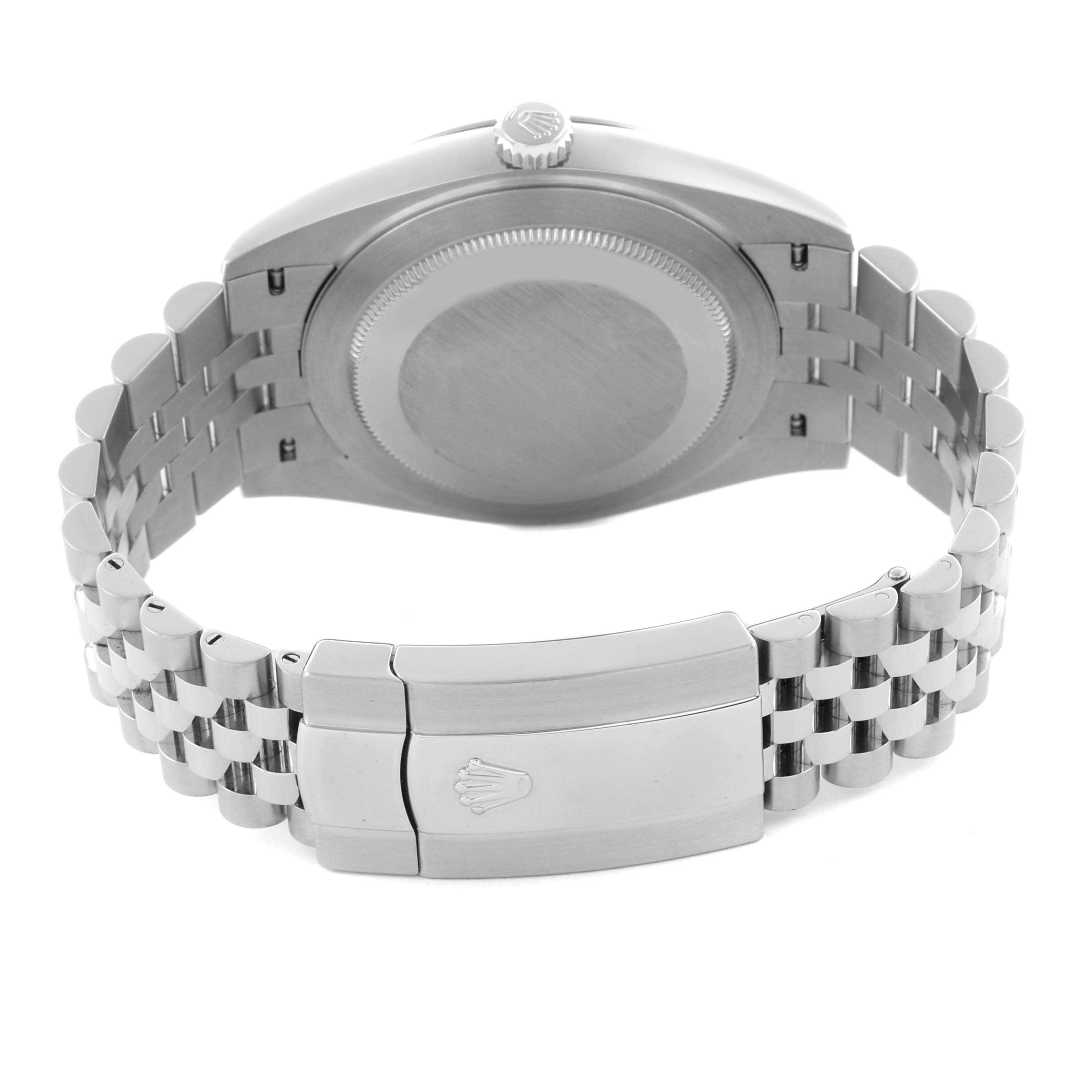 The Rolex Datejust 41 126334 Men's Stainless Steel Grey Dial 126334 Men's Stainless Steel Grey Dial is shown from the back, highlighting the bracelet and clasp with the crown logo.
