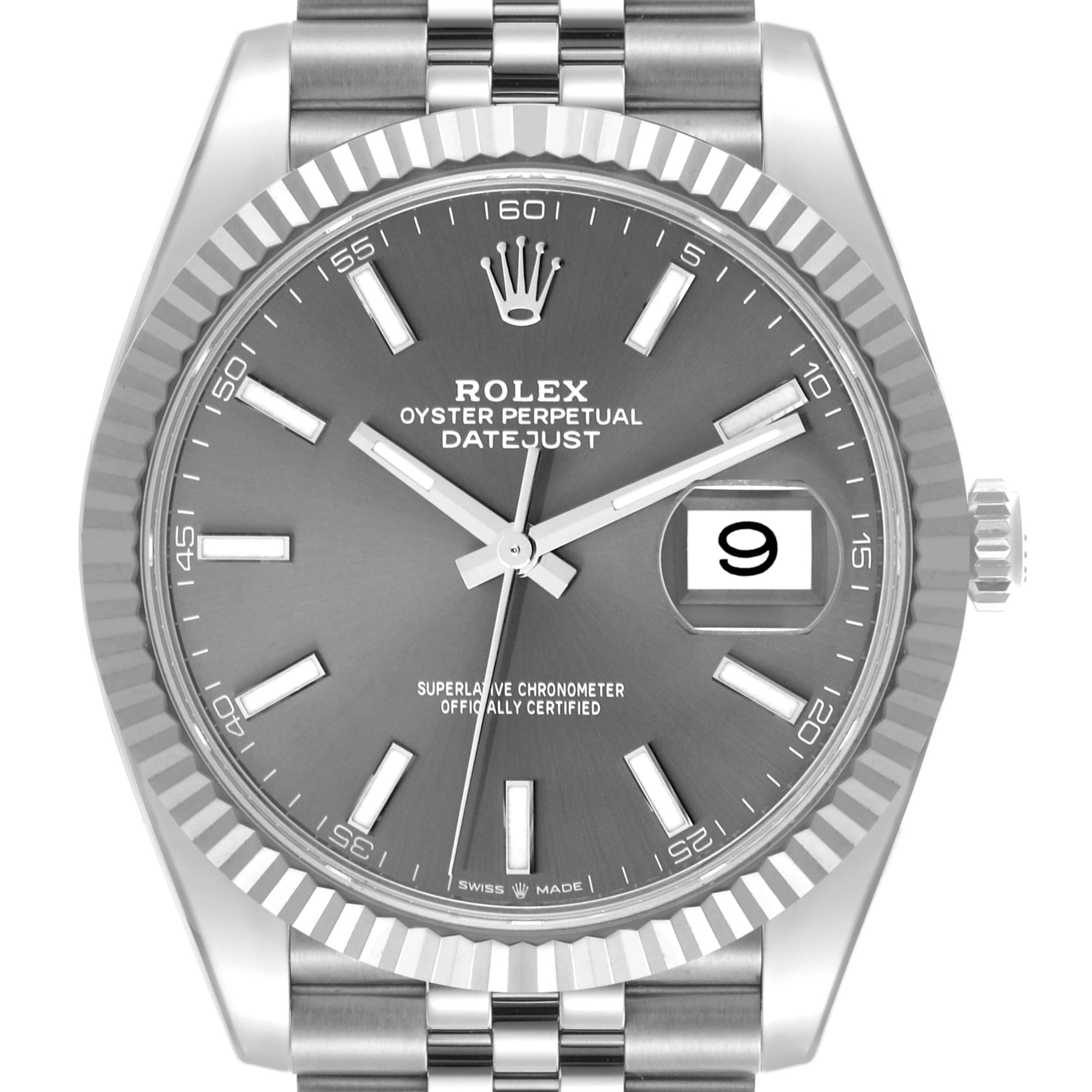 The Rolex Datejust 41 126334 Men's Stainless Steel Grey Dial 126334 Men's Stainless Steel Grey Dial is shown from the front, featuring its dial, hands, date window, and part of the bracelet.