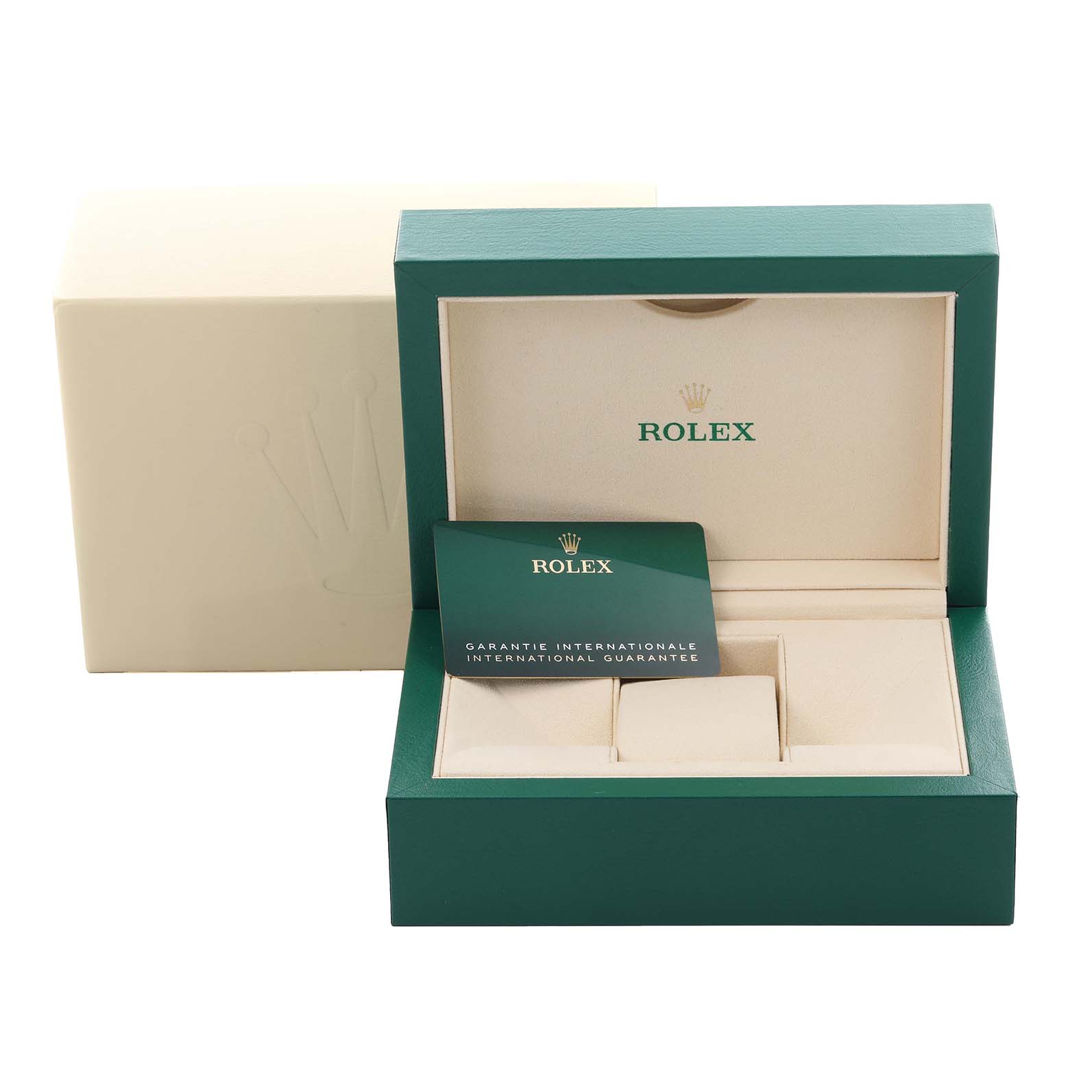 The image shows the open box and warranty card for a Rolex Datejust 41 126334 Men's Stainless Steel Grey Dial 126334 Men's Stainless Steel Grey Dial watch.