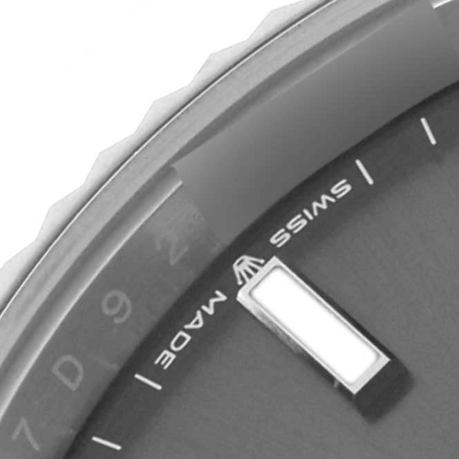 The image shows a close-up of the Rolex Datejust 41 126334 Men's Stainless Steel Grey Dial 126334 Men's Stainless Steel Grey Dial dial and part of the fluted bezel.