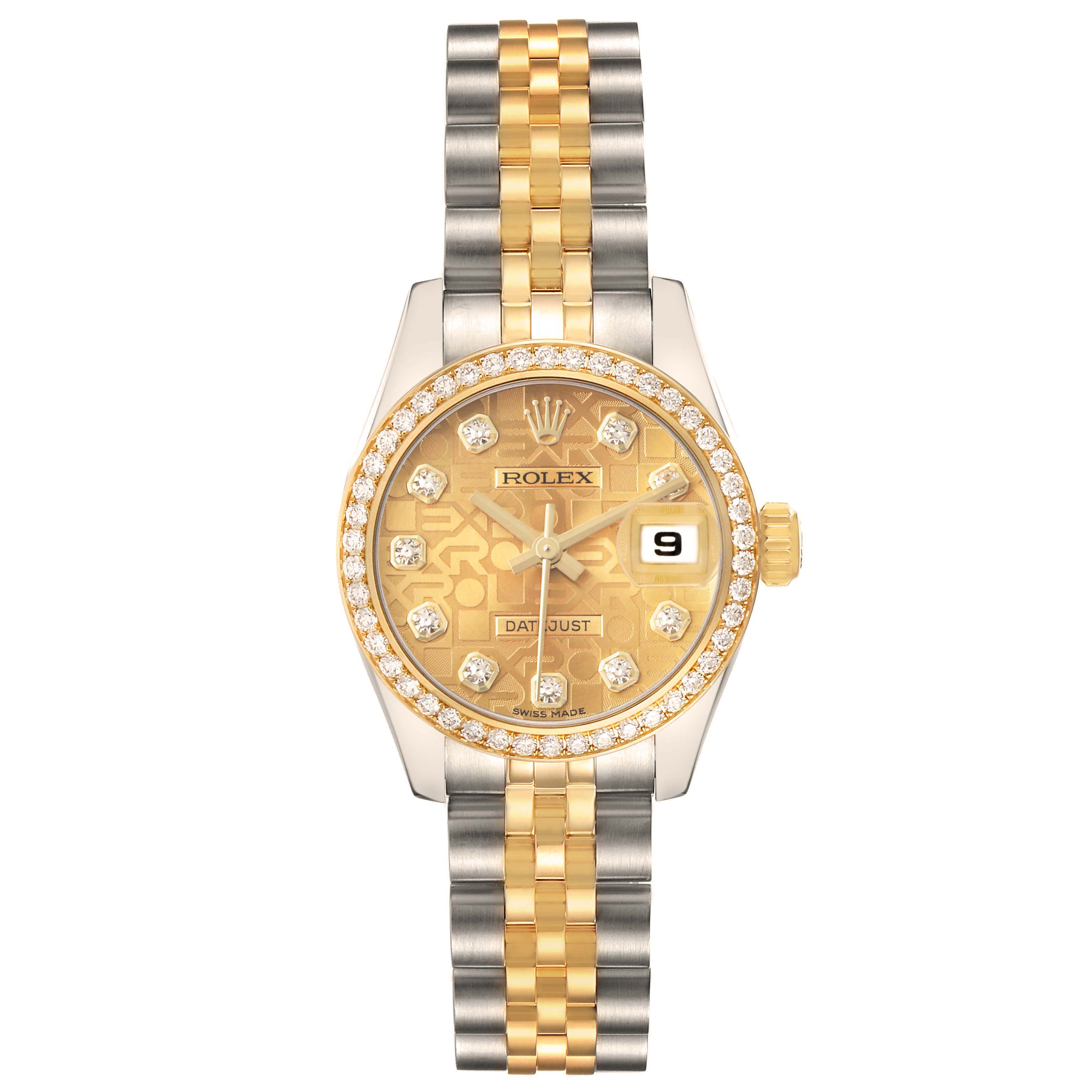 The Rolex Datejust 179383 Women's Steel and Gold (two tone) Champagne Dial watch is shown from the front, highlighting the two-tone bracelet, diamond bezel, and dial with date.