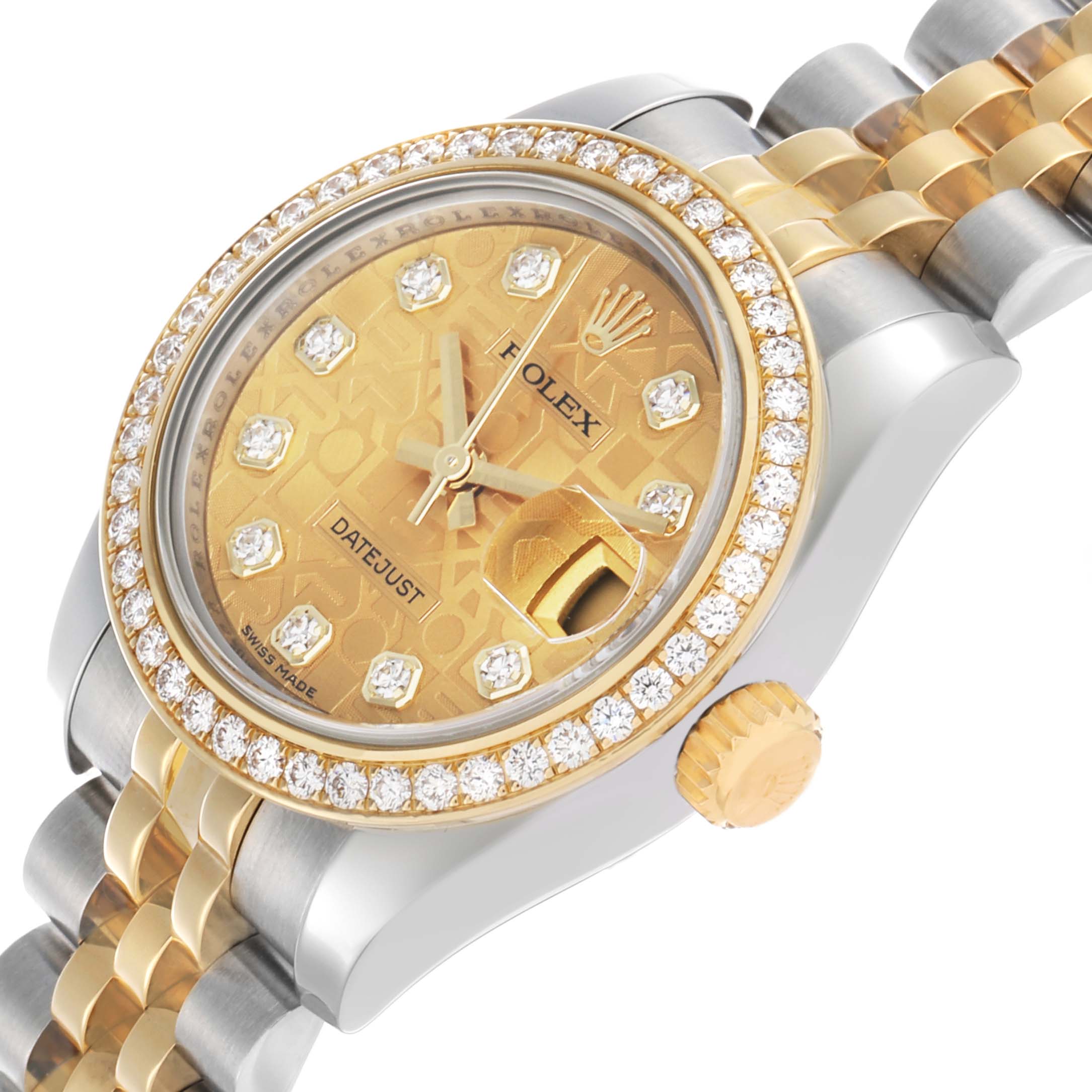 The Rolex Datejust 179383 Women's Steel and Gold (two tone) Champagne Dial watch is shown from an oblique angle, highlighting the diamond bezel, dial, and jubilee bracelet.