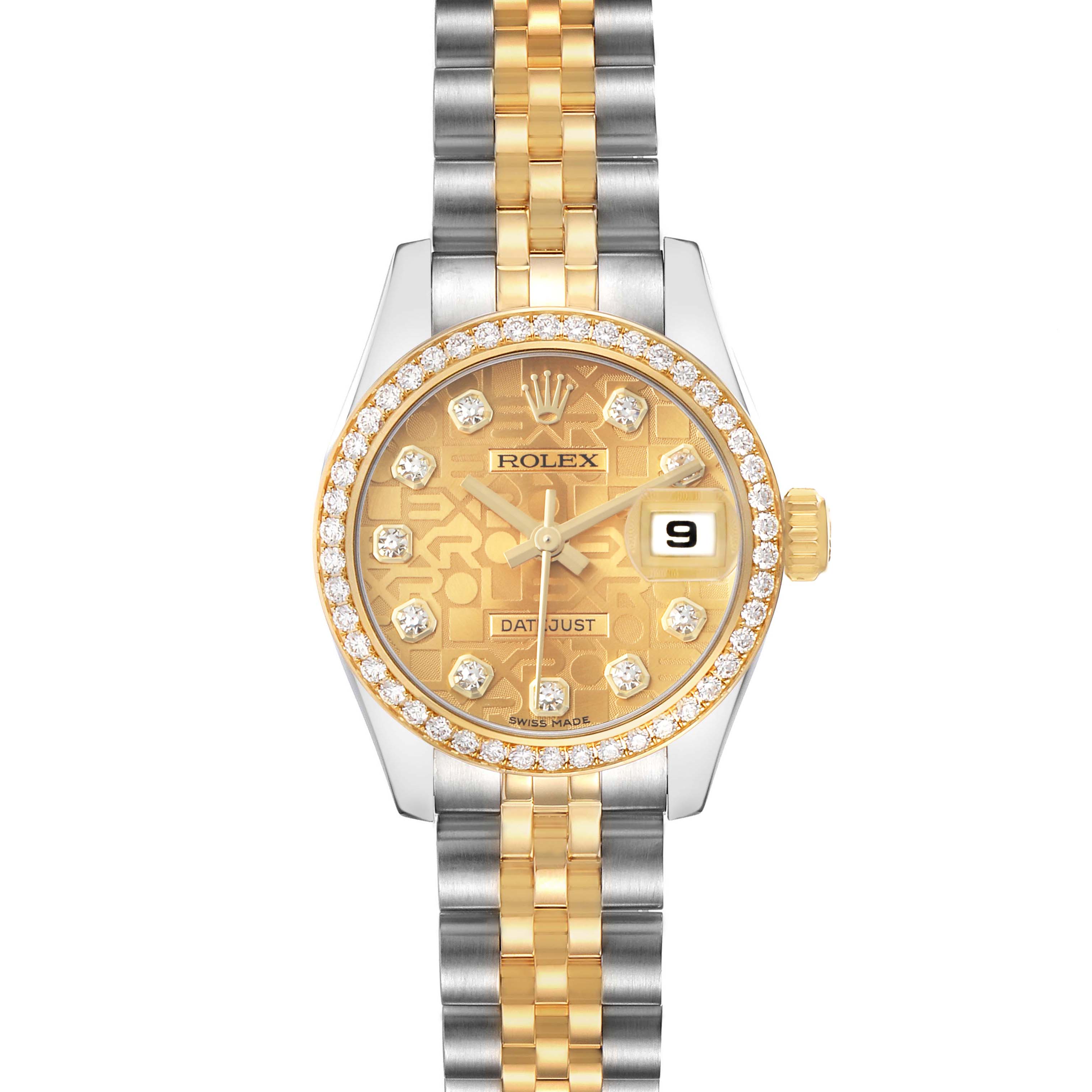 The Rolex Datejust 179383 Women's Steel and Gold (two tone) Champagne Dial watch is shown from a top-down angle, displaying the face, bezel, and part of the bracelet.