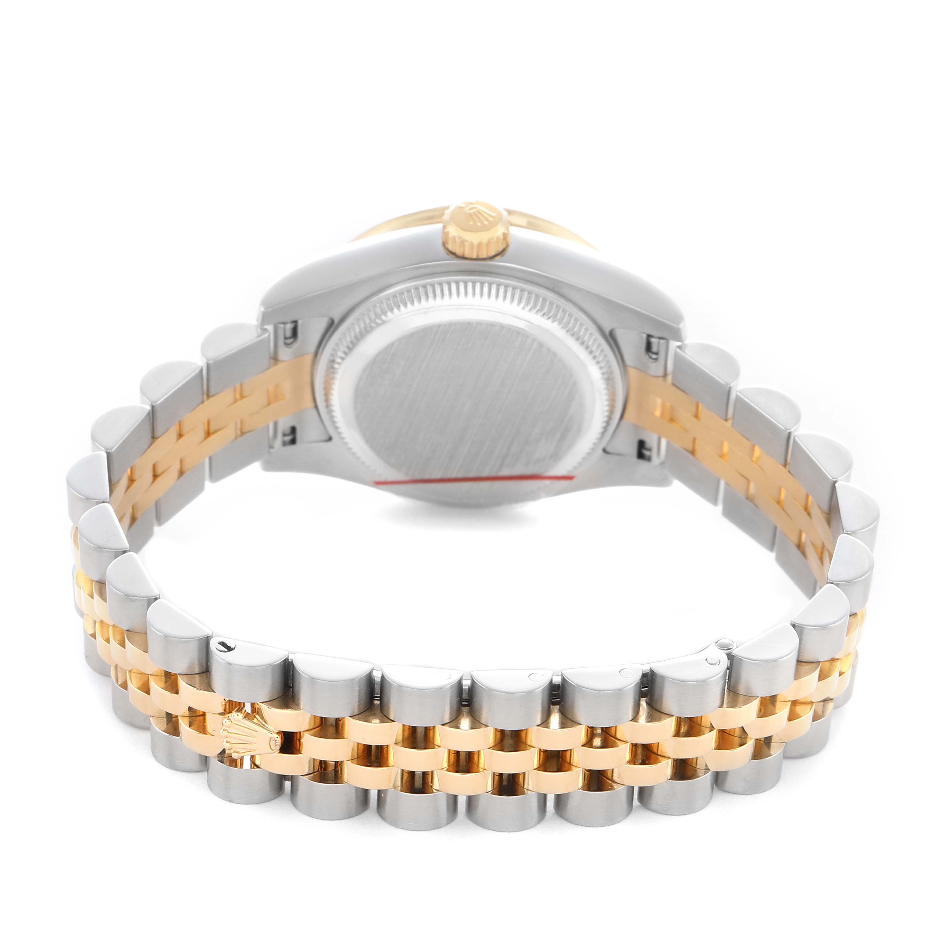 The Rolex Datejust 179383 Women's Steel and Gold (two tone) Champagne Dial watch is shown from the rear angle, highlighting the case back and two-tone bracelet.