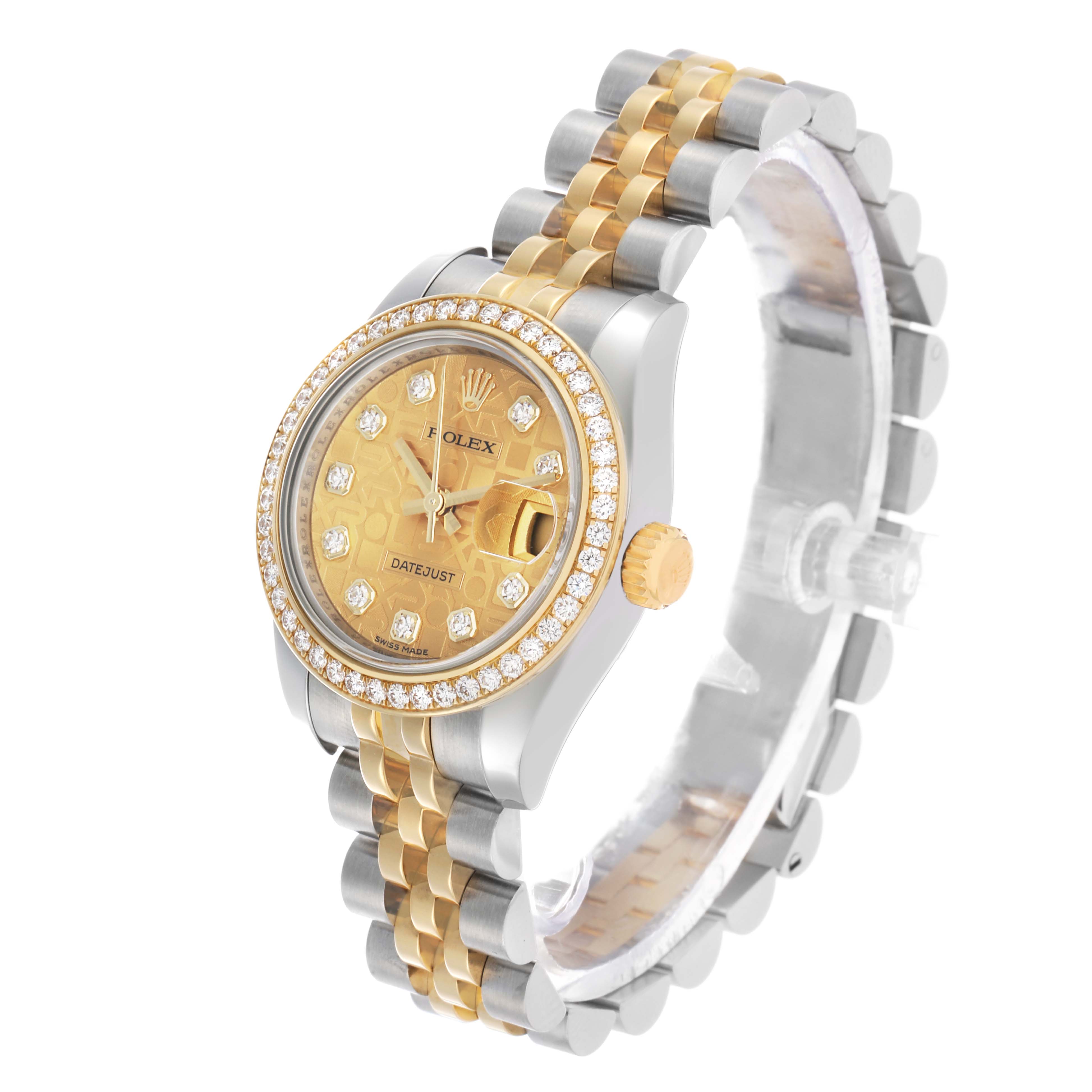 The Rolex Datejust 179383 Women's Steel and Gold (two tone) Champagne Dial watch is shown at a three-quarter angle, displaying the face, bezel, crown, and bracelet.