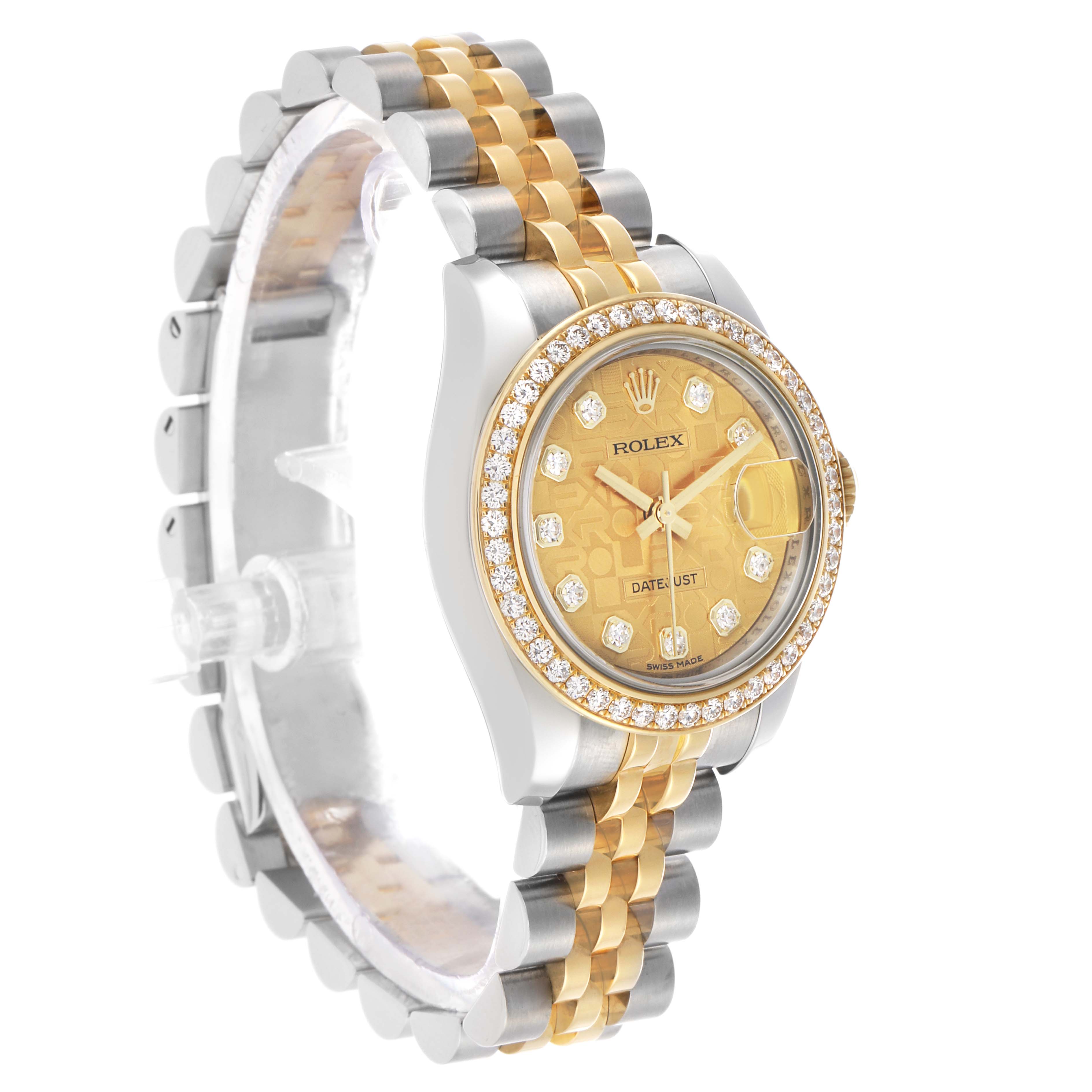 The Rolex Datejust 179383 Women's Steel and Gold (two tone) Champagne Dial watch is shown at a slight angle displaying its face, bezel, dial, and part of the two-tone bracelet.