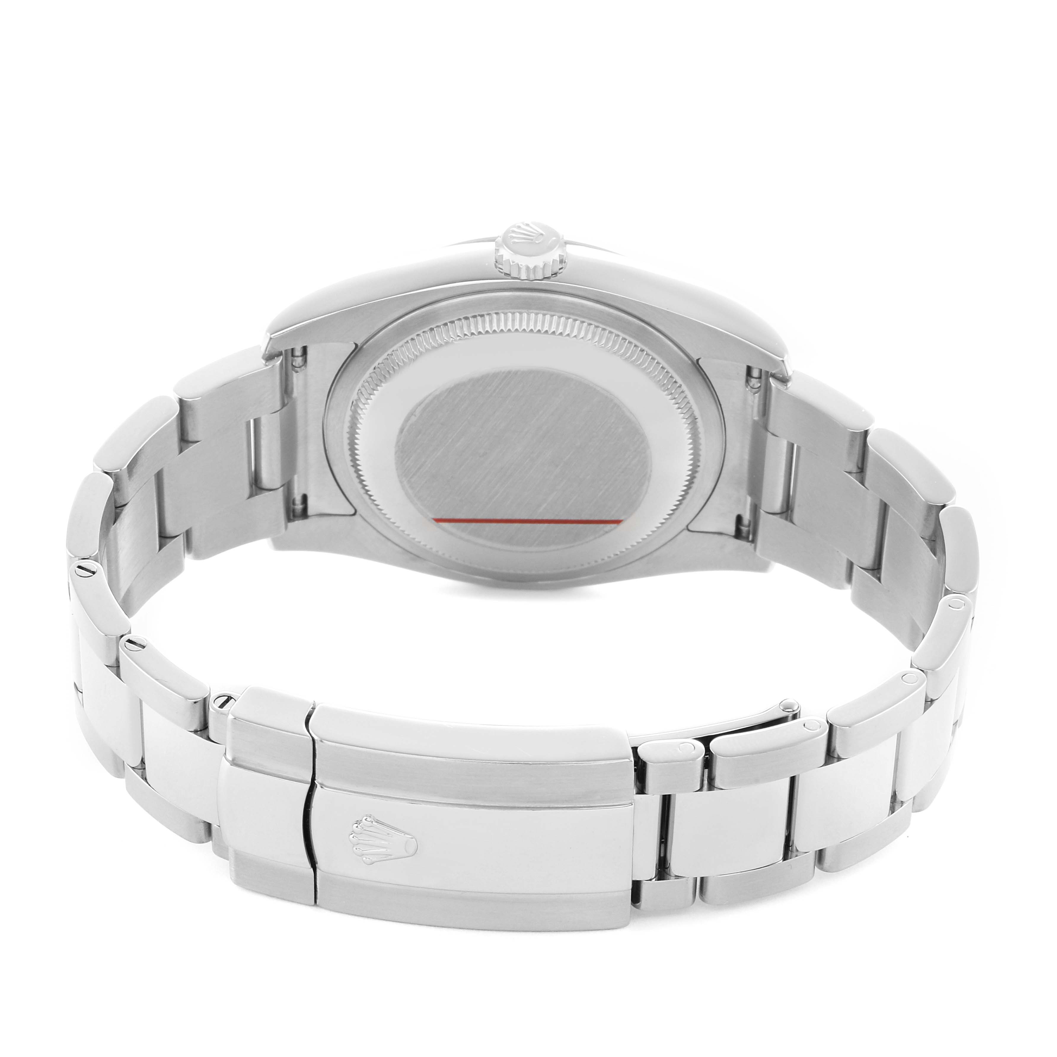 The image shows the back view of a Rolex Datejust 116200 Men's Stainless Steel Black Dial watch featuring the case back, bracelet, and clasp with the Rolex logo.