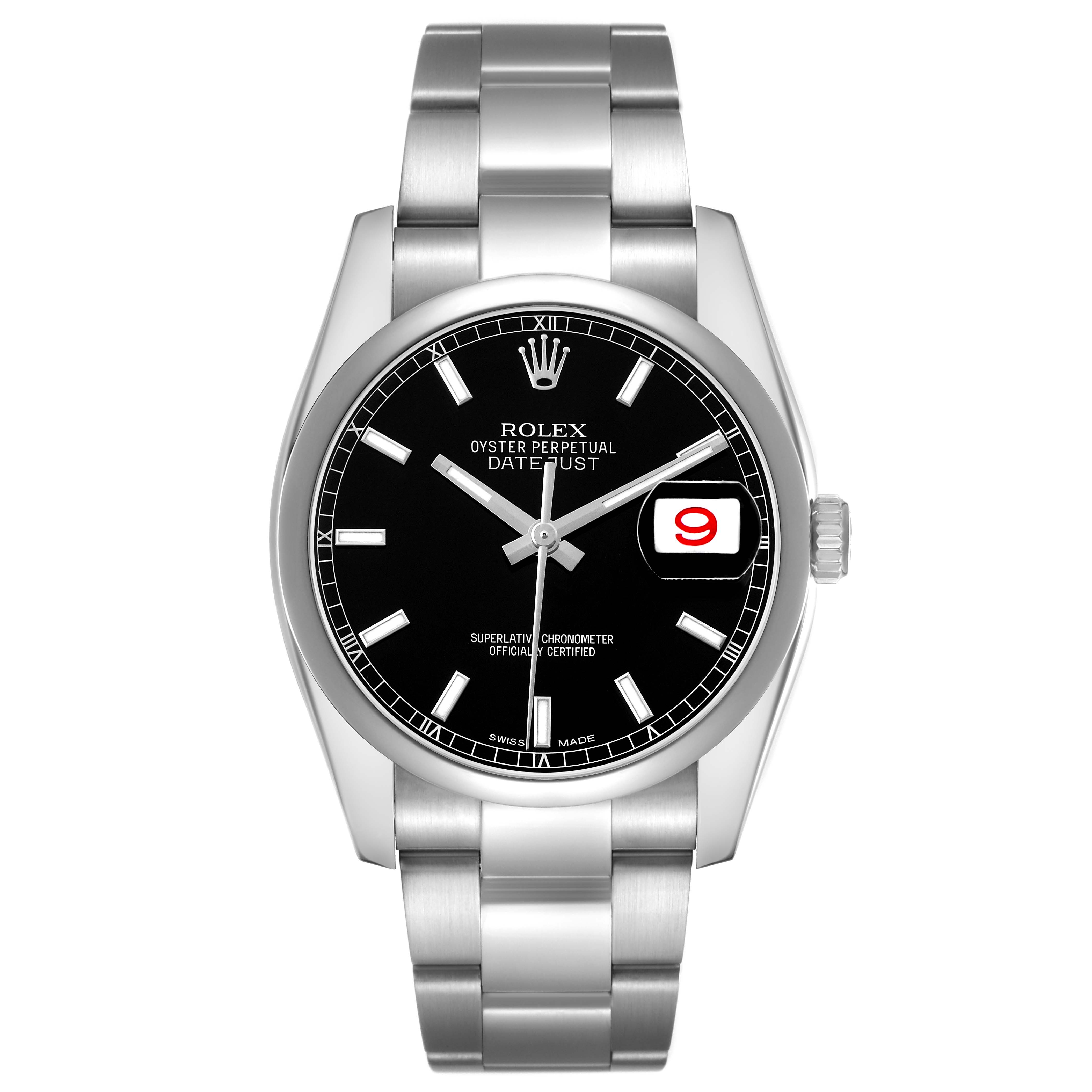 The Rolex Datejust 116200 Men's Stainless Steel Black Dial is shown from a front angle, displaying the black dial, hands, date window, and bracelet.