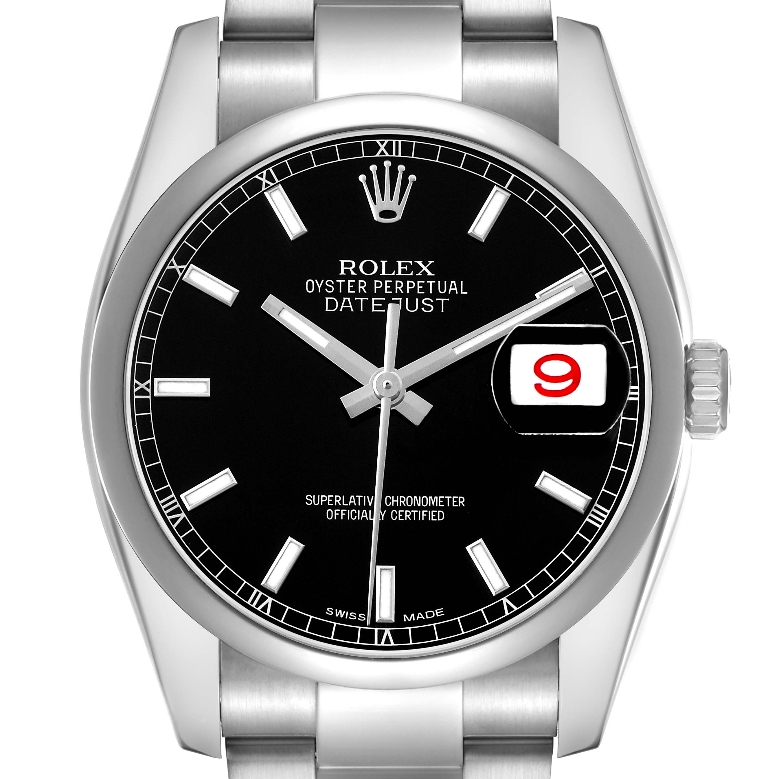 The Rolex Datejust 116200 Men's Stainless Steel Black Dial watch is shown from a front angle, displaying the dial, bezel, bracelet, and crown.